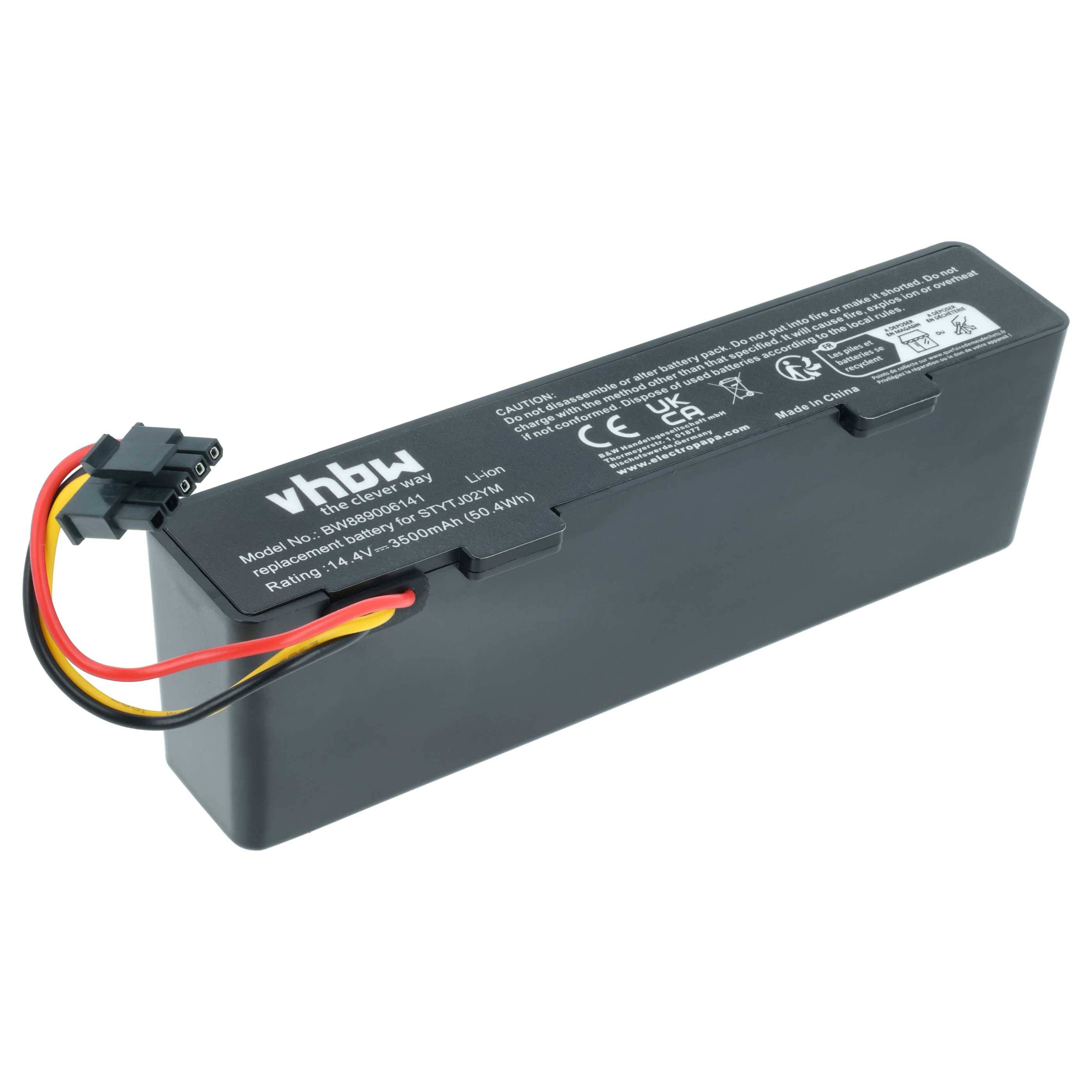 Eine rechteckige schwarze wiederaufladbare Batterie mit mehrfarbigen Kabeln und einem Stecker an einem Ende. Technische Spezifikationen und Sicherheitssymbole sind auf ihrer Oberfläche aufgedruckt.