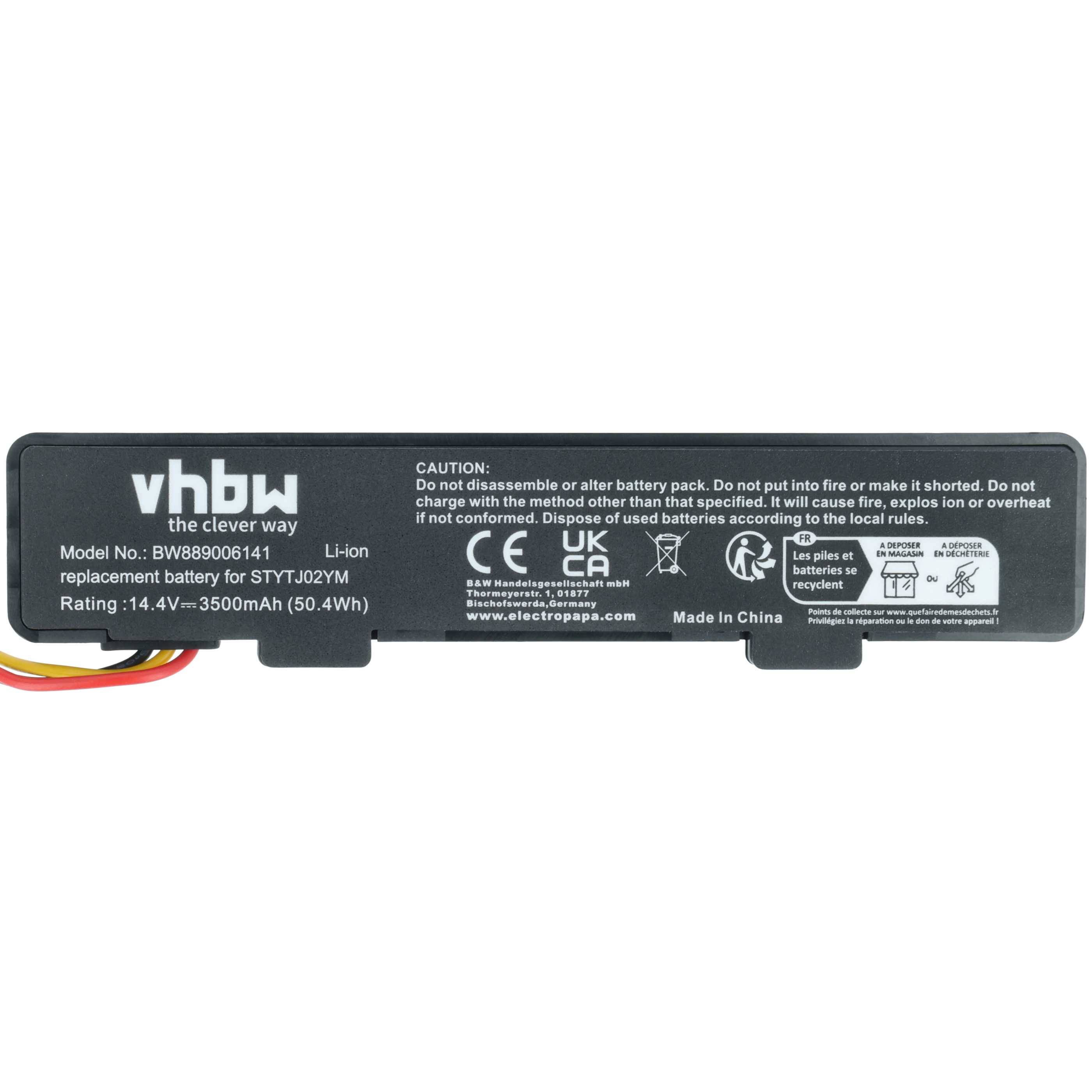 Eine schwarze Lithium-Ionen-Batterie für Laptops mit Warnaufkleber, Marke 'vhbw', Modell 'BV89060141', 3500mAh, 11,4V, 50,4Wh.