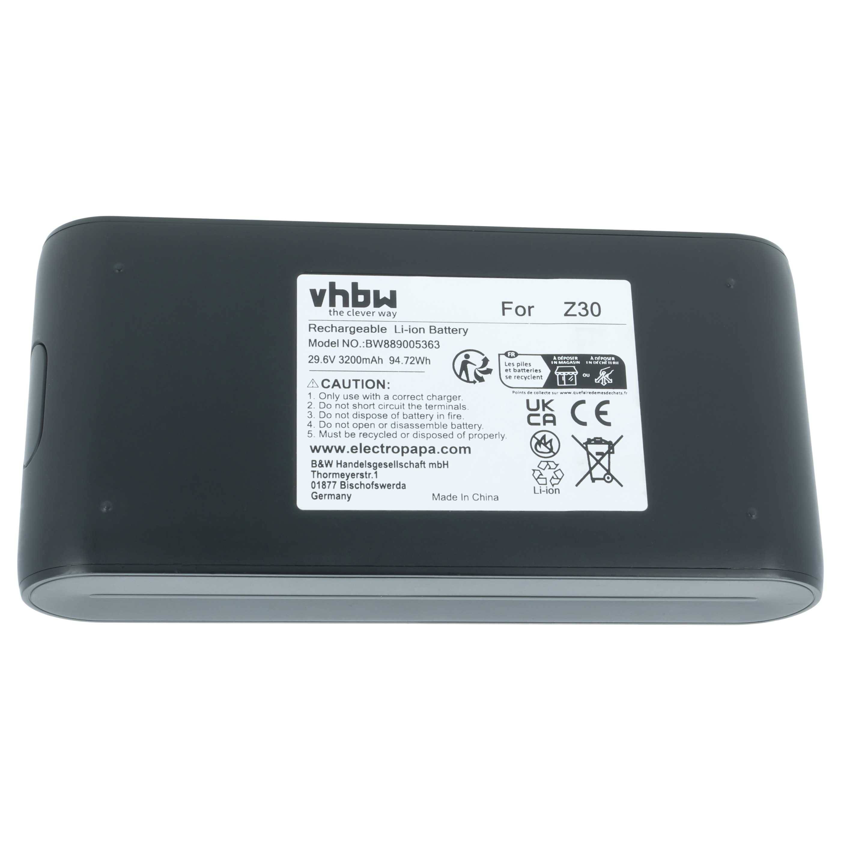 Wiederaufladbarer Li-Ion-Akku mit Aufschrift 'Für Z30', Modell 098059503685, 3,7V, 3200mAh. Enthält Warnhinweise und Zertifizierungen.