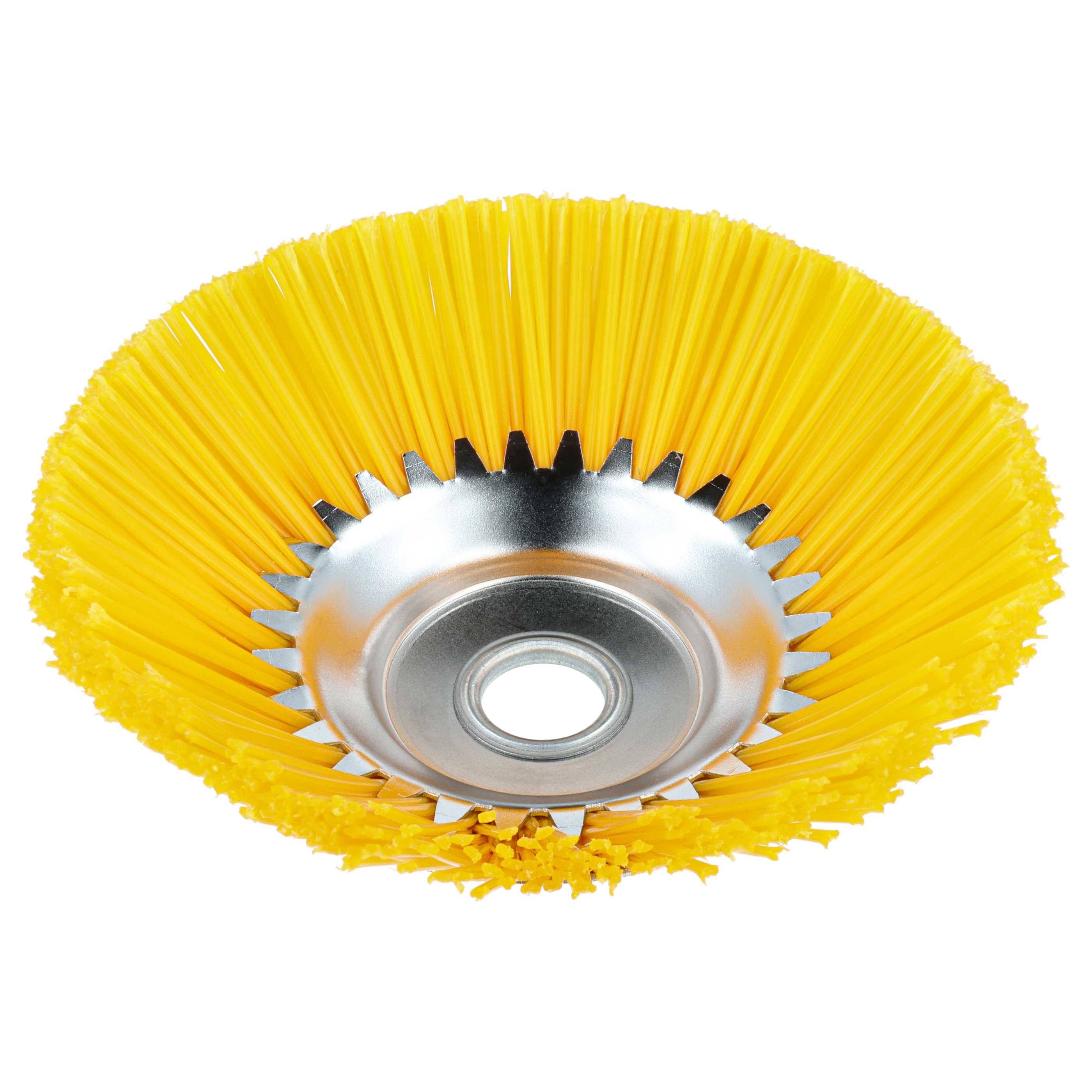 Ein kreisförmiger, metallrückseite Pinsel mit gelben Borsten, wahrscheinlich zum Reinigen oder Schleifen verwendet.