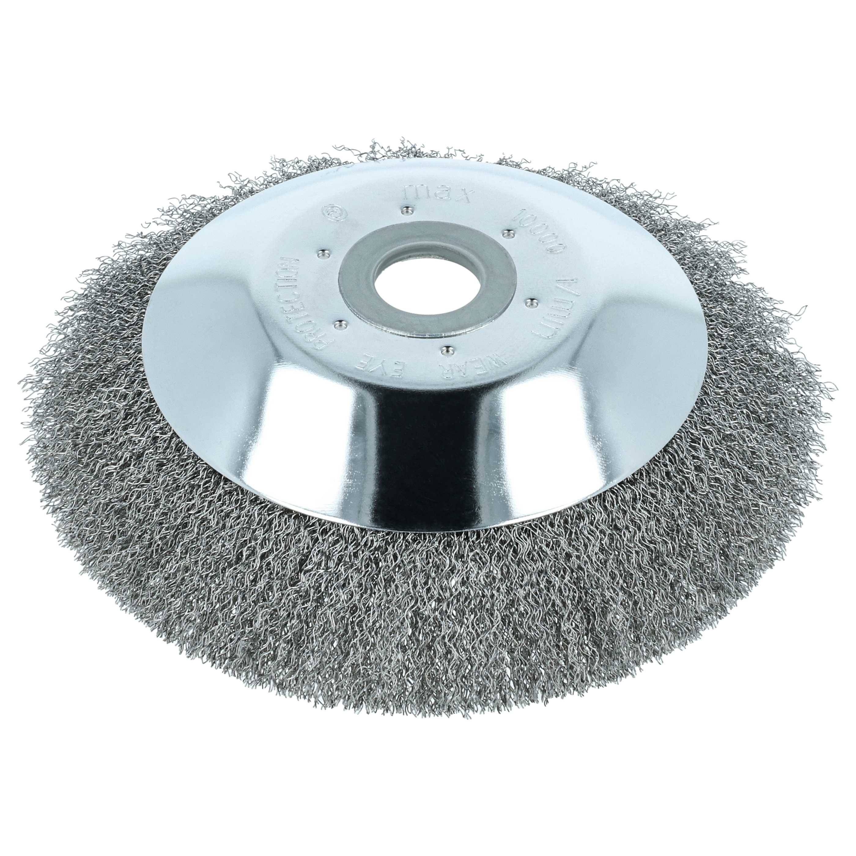 Ein rundes Drahtbürste mit Metallkern, die zum Reinigen oder Glätten von Oberflächen verwendet wird und dichte Borsten für schwere Arbeiten aufweist.