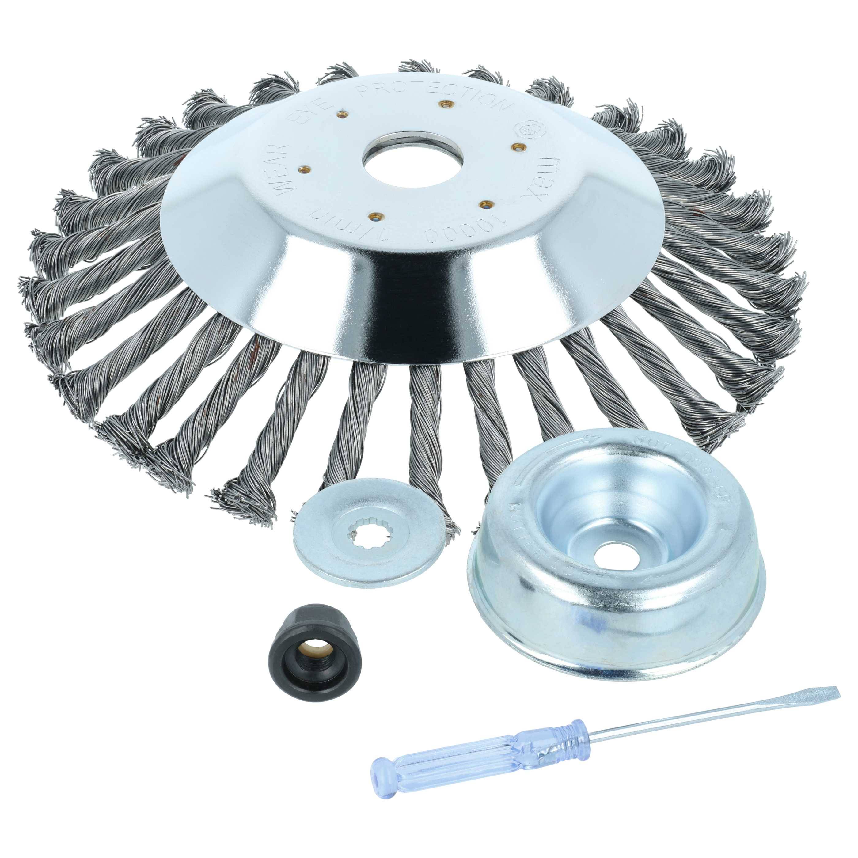 Gedrehte Drahtbürste und Zubehör einschließlich einer Metallkappe, einer Gummidichtung und eines Schraubenziehers, verwendet zum Reinigen und zur Oberflächenvorbereitung.