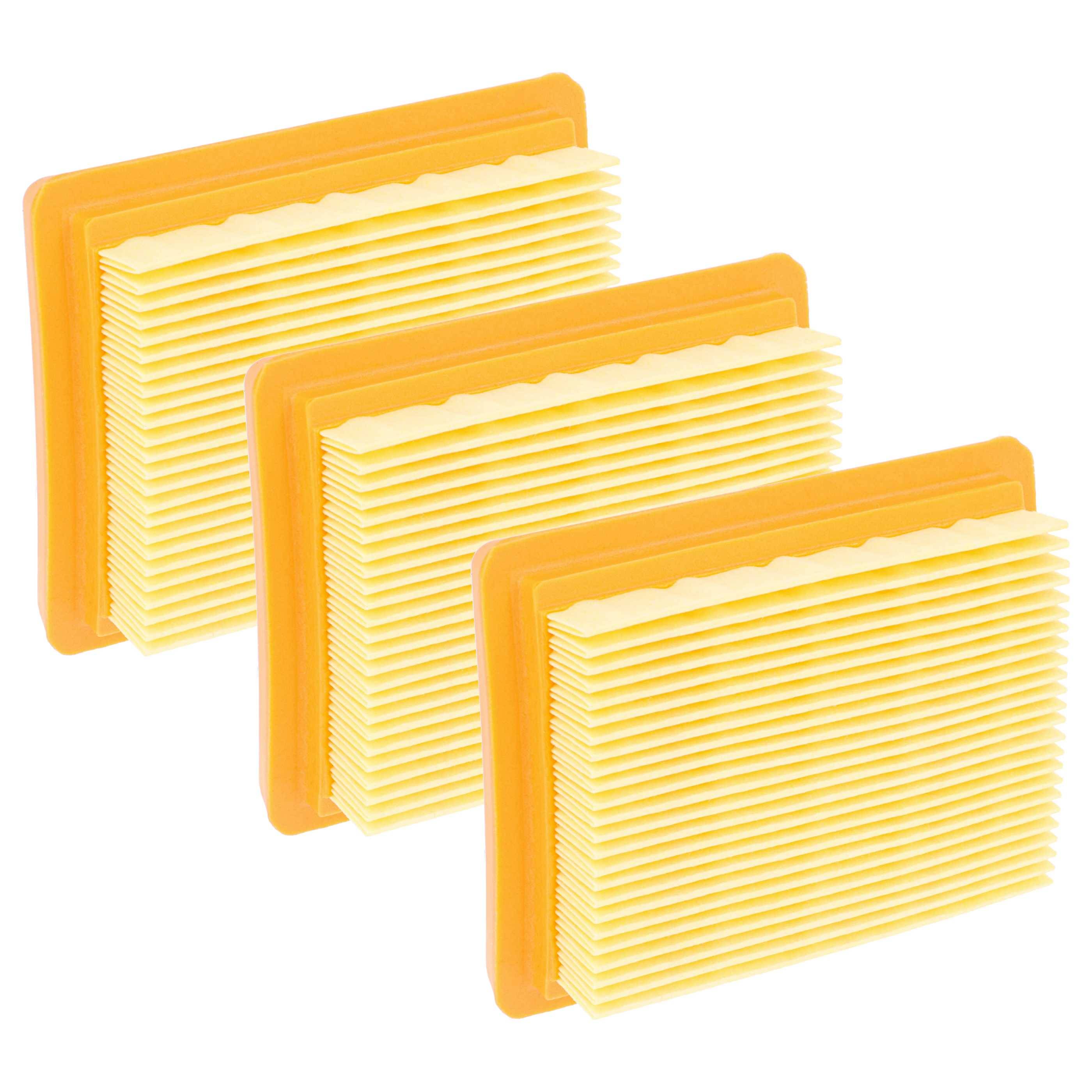Drei rechteckige Luftfilter mit gefalteten gelben Papierfalten und orangefarbenen Rahmen, diagonal ausgerichtet, was auf ihren Einsatz in Filtersystemen hindeutet.