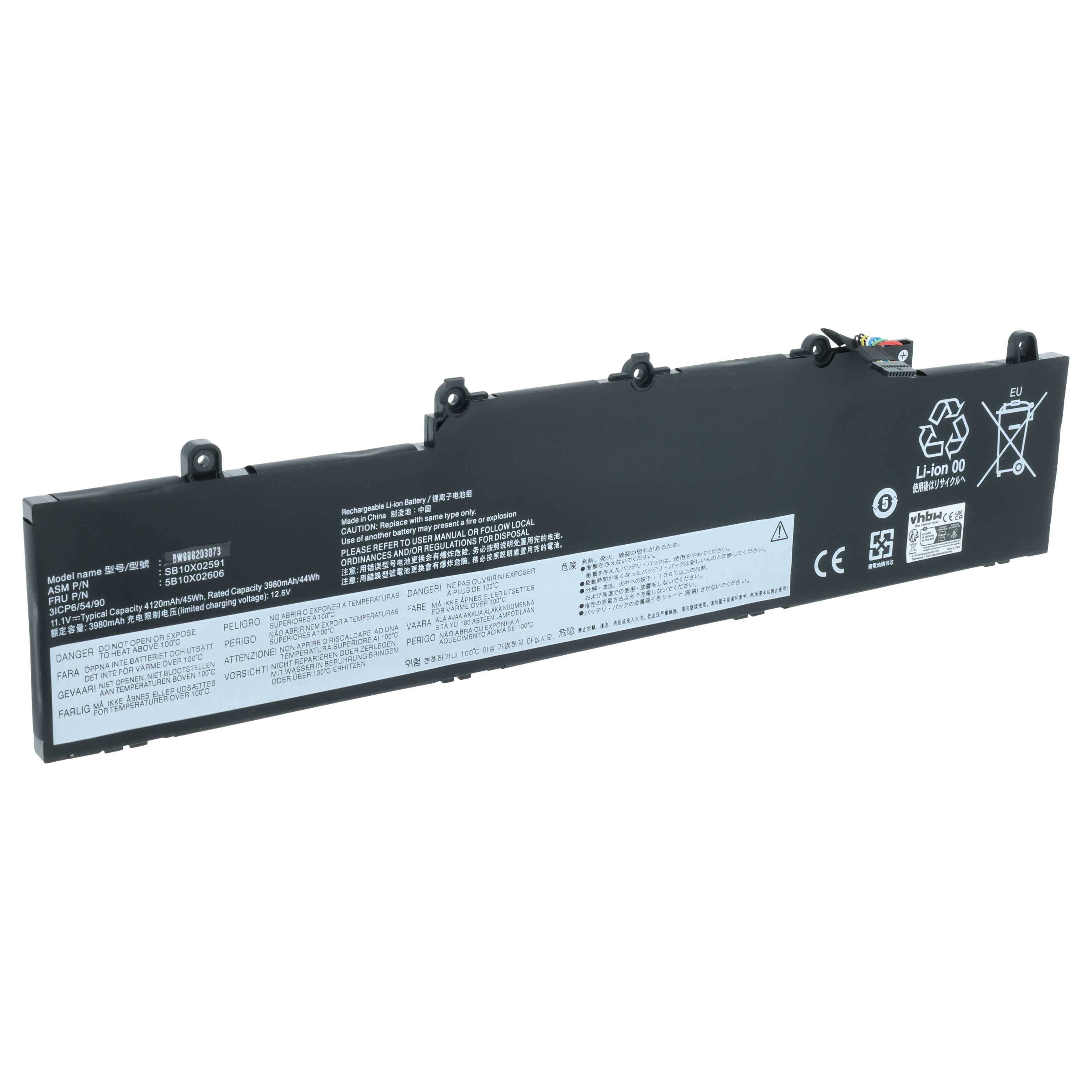 Eine rechteckige Lithium-Ionen-Laptop-Batterie mit Etikettendetails, Modellnummern, Sicherheitssymbolen und Zertifizierungszeichen.