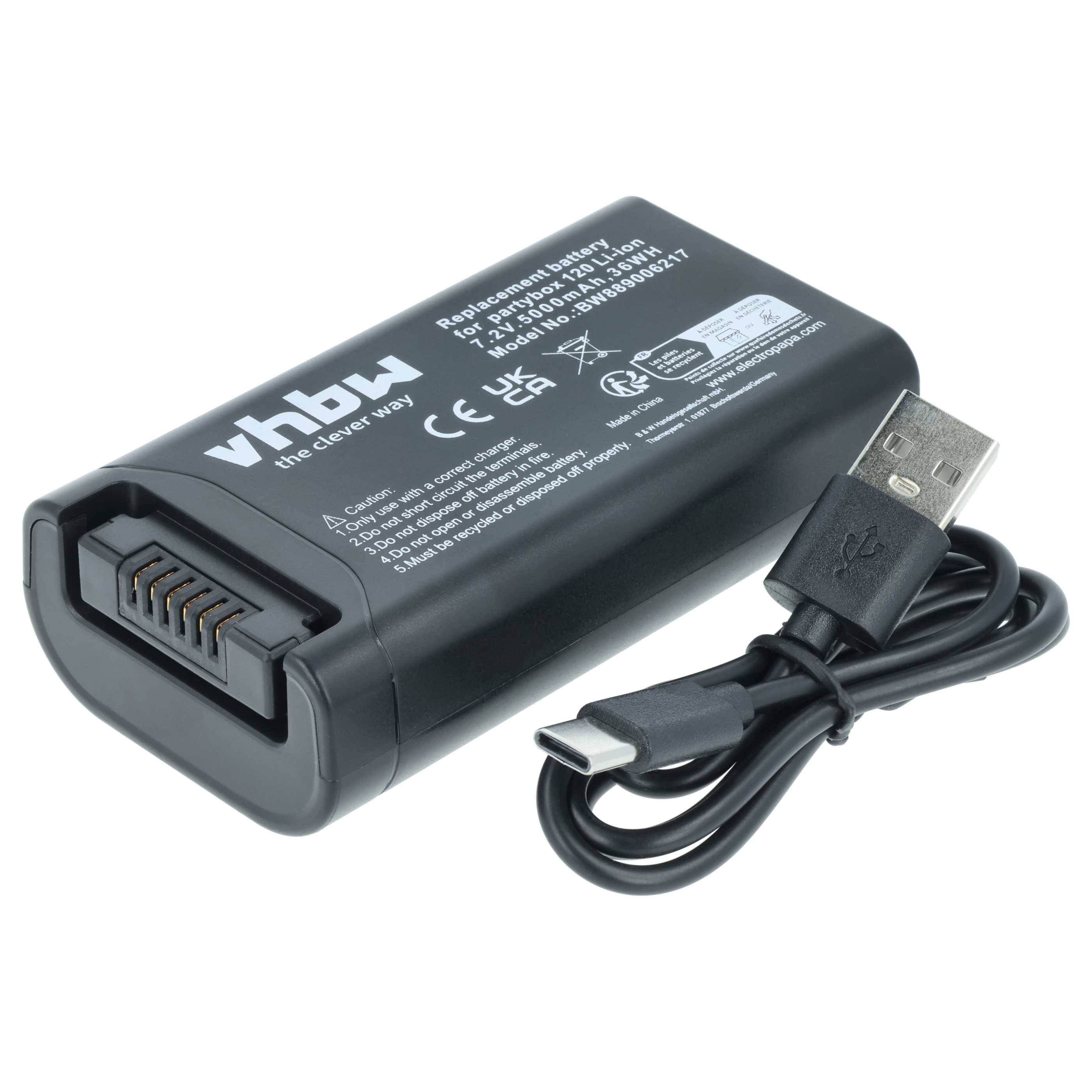 Ein aufladbarer Akku und USB-Kabel-Set. Der Akku ist mit 'vhbw' und technischen Spezifikationen beschriftet. Das USB-Kabel liegt daneben aufgewickelt.