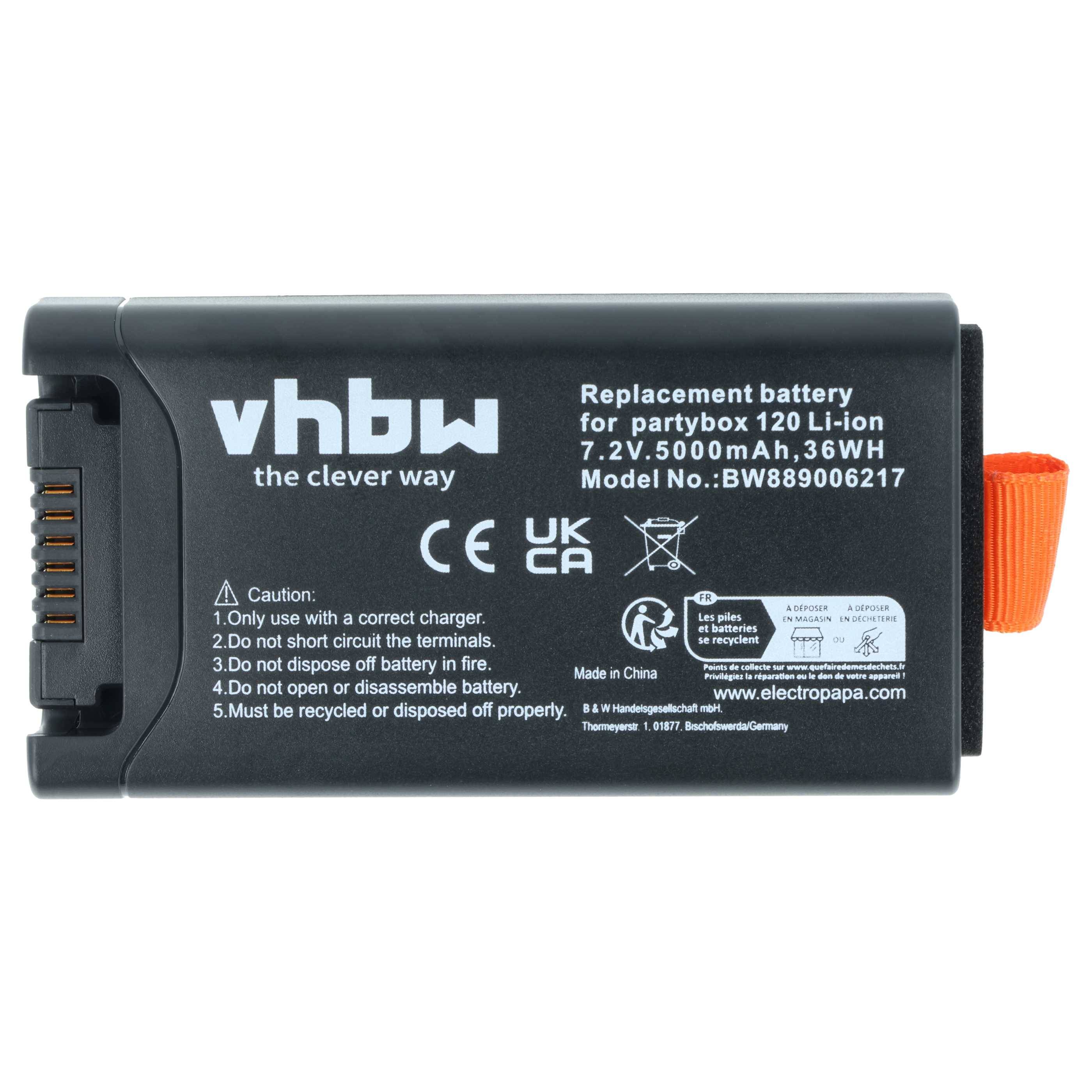 Ersatzbatterie für 'partybox 120 Li-Ion'. 7,2V, 5000mAh, 36Wh. Modell-Nr.: BW88906217. Enthält Sicherheits- und Entsorgungshinweise.