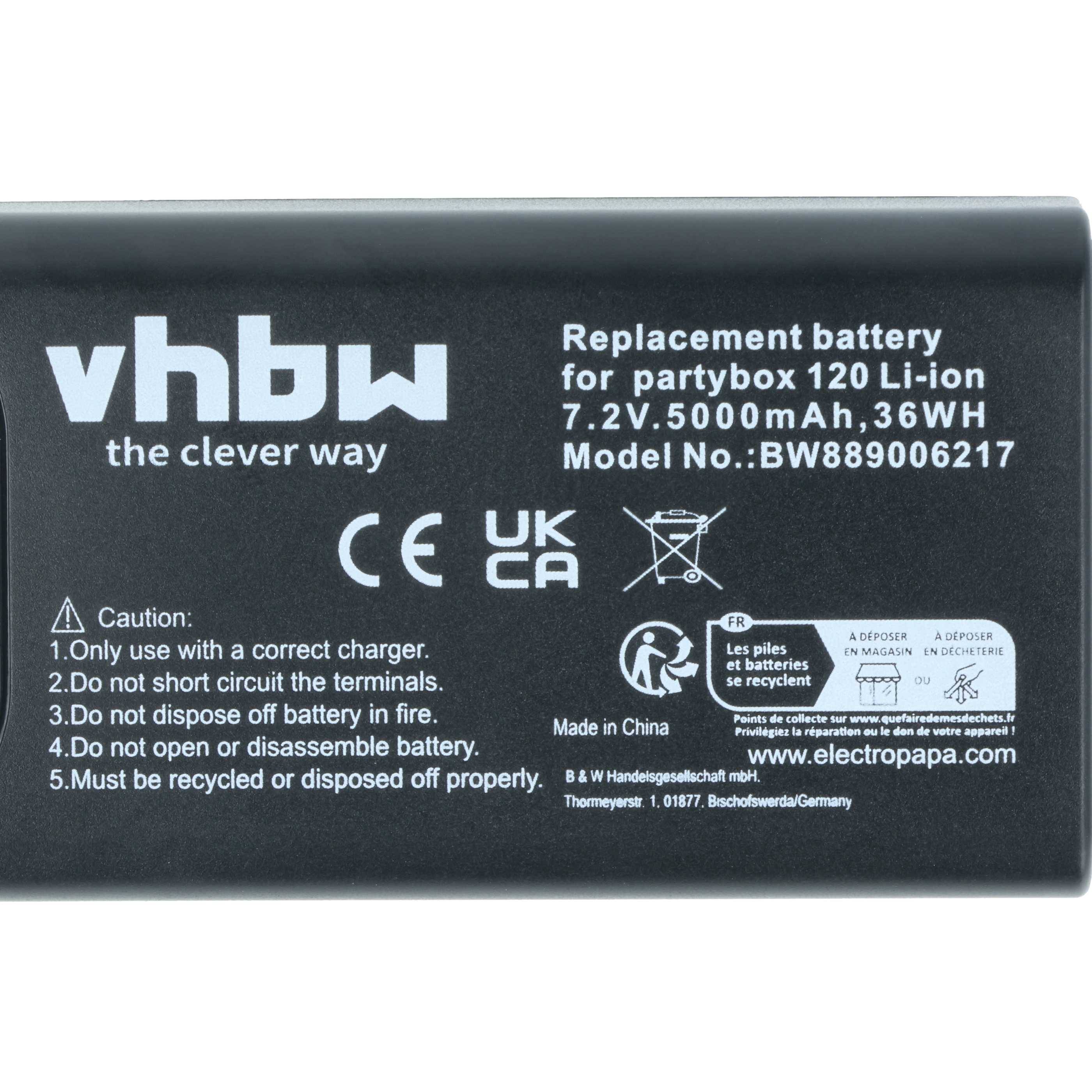 Ersatzbatterie für Partybox 120 Li-Ion, 7,2V, 5000mAh, 36Wh. Enthält Sicherheitshinweise und Recycling-Symbol. Modell-Nr.: BW889006217.