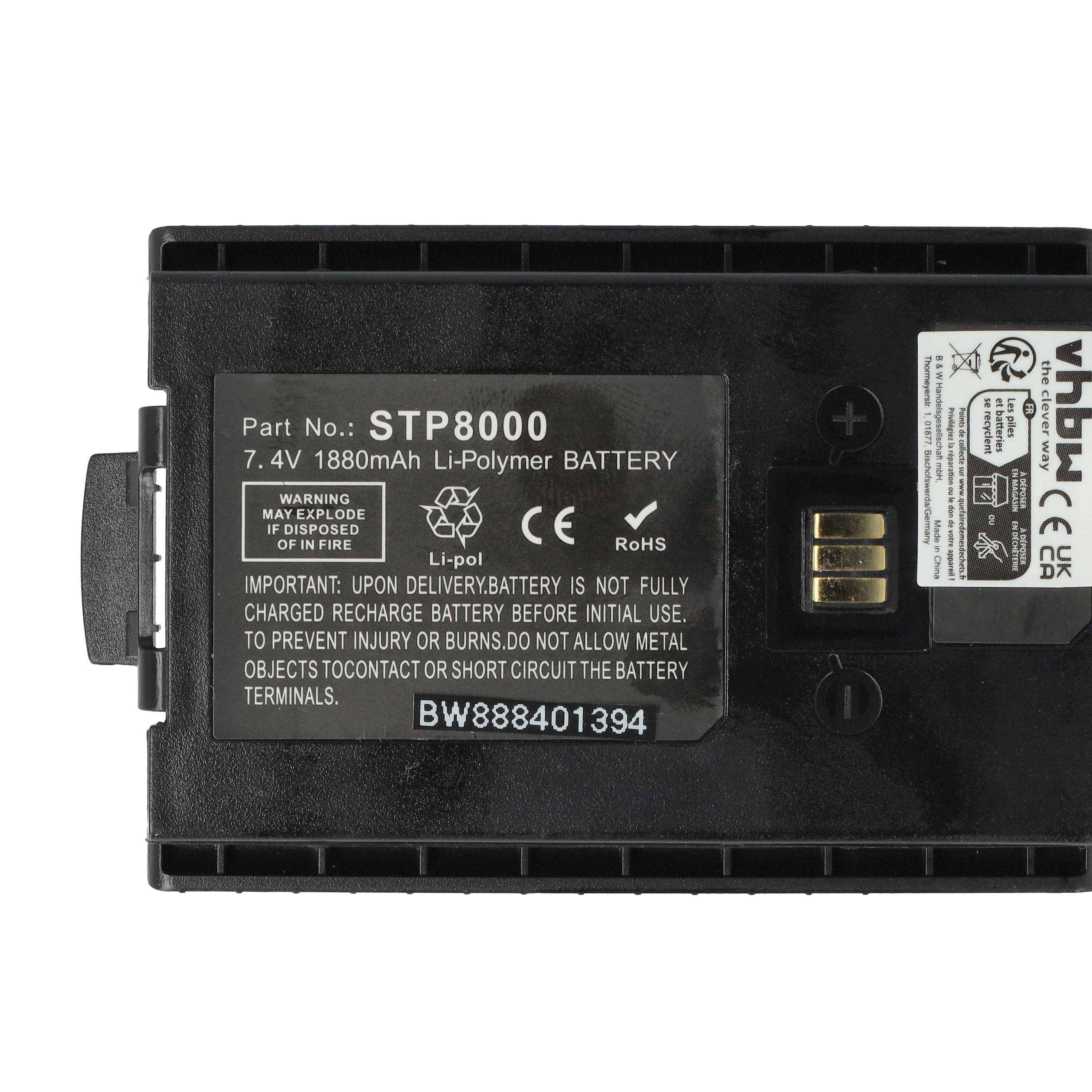 Schwarzer Li-Polymer-Akku mit Modellnummer STP8000, 7,4V, 1880mAh. Warnhinweis empfiehlt, Kontakt mit Feuer oder Metallgegenständen zu vermeiden.