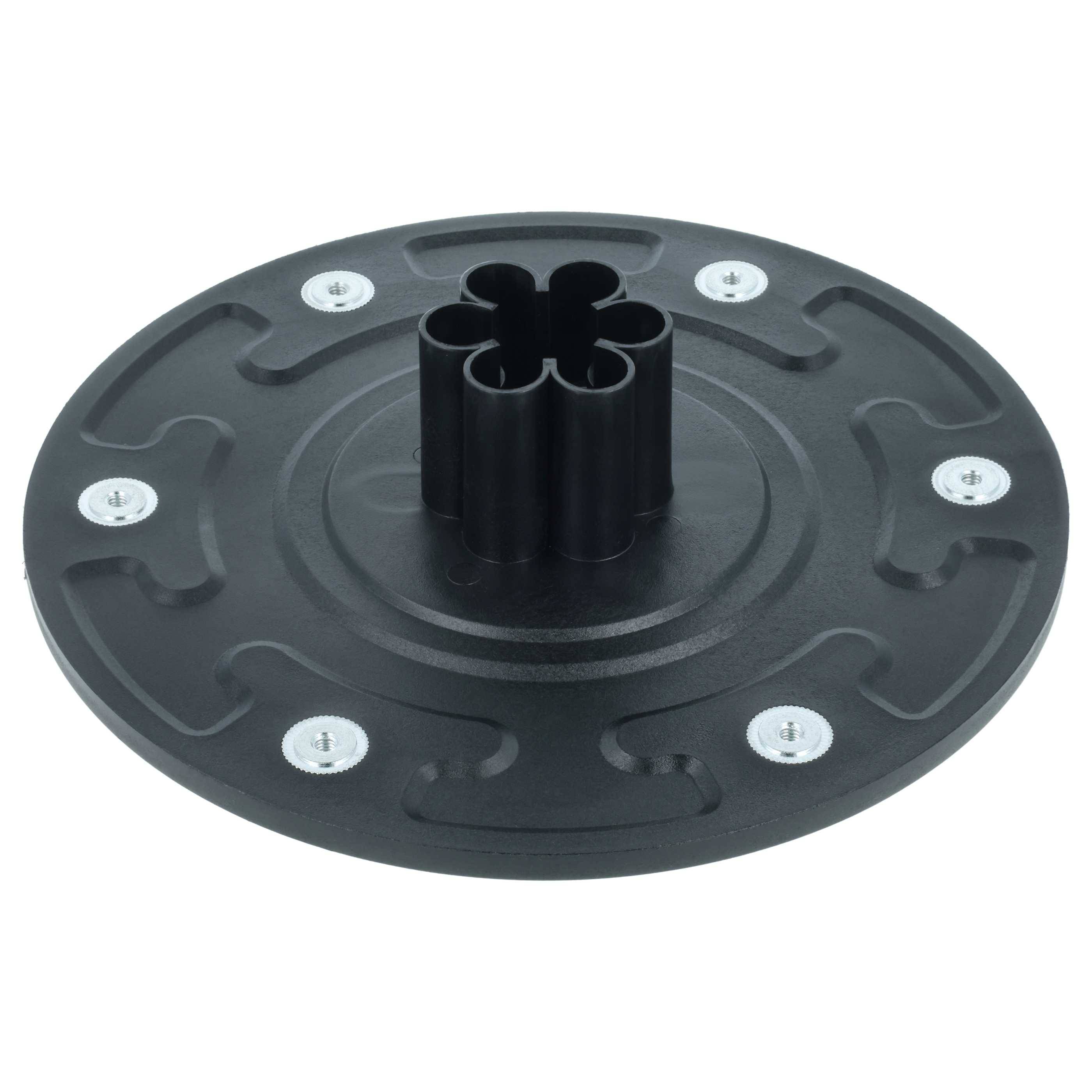 Eine schwarze kreisförmige Basis mit sechs Metallschrauben und einer zentralen Vorsprung zum Montieren oder Verbinden, wahrscheinlich Teil einer größeren Baugruppe.