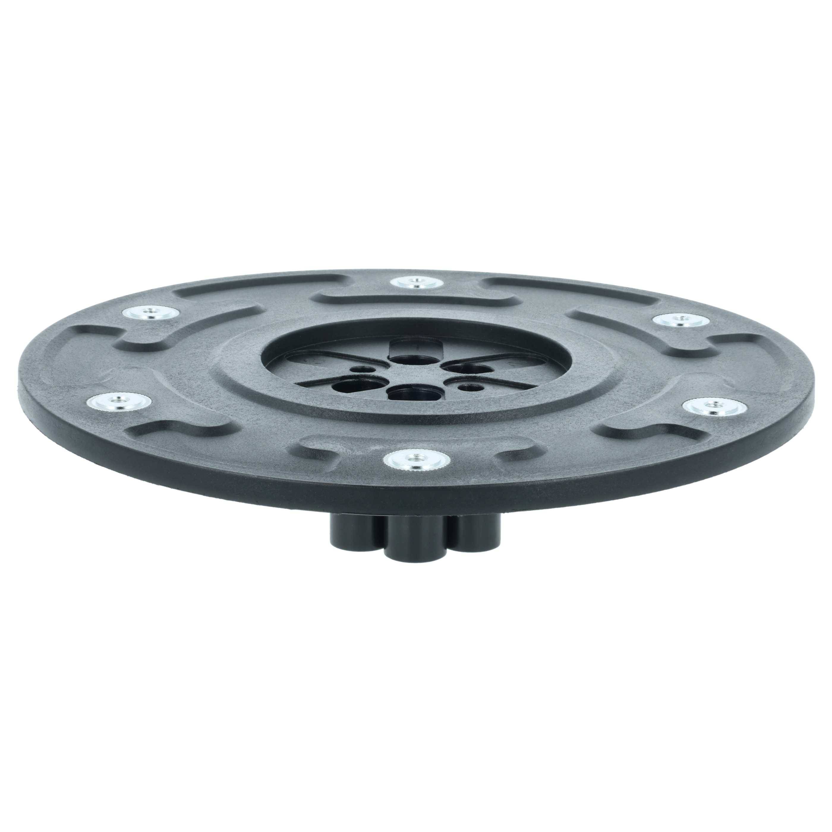 Runde schwarze Kreismontagebase mit mehreren Löchern und Anschlüssen, wahrscheinlich für industrielle oder mechanische Anwendungen verwendet.