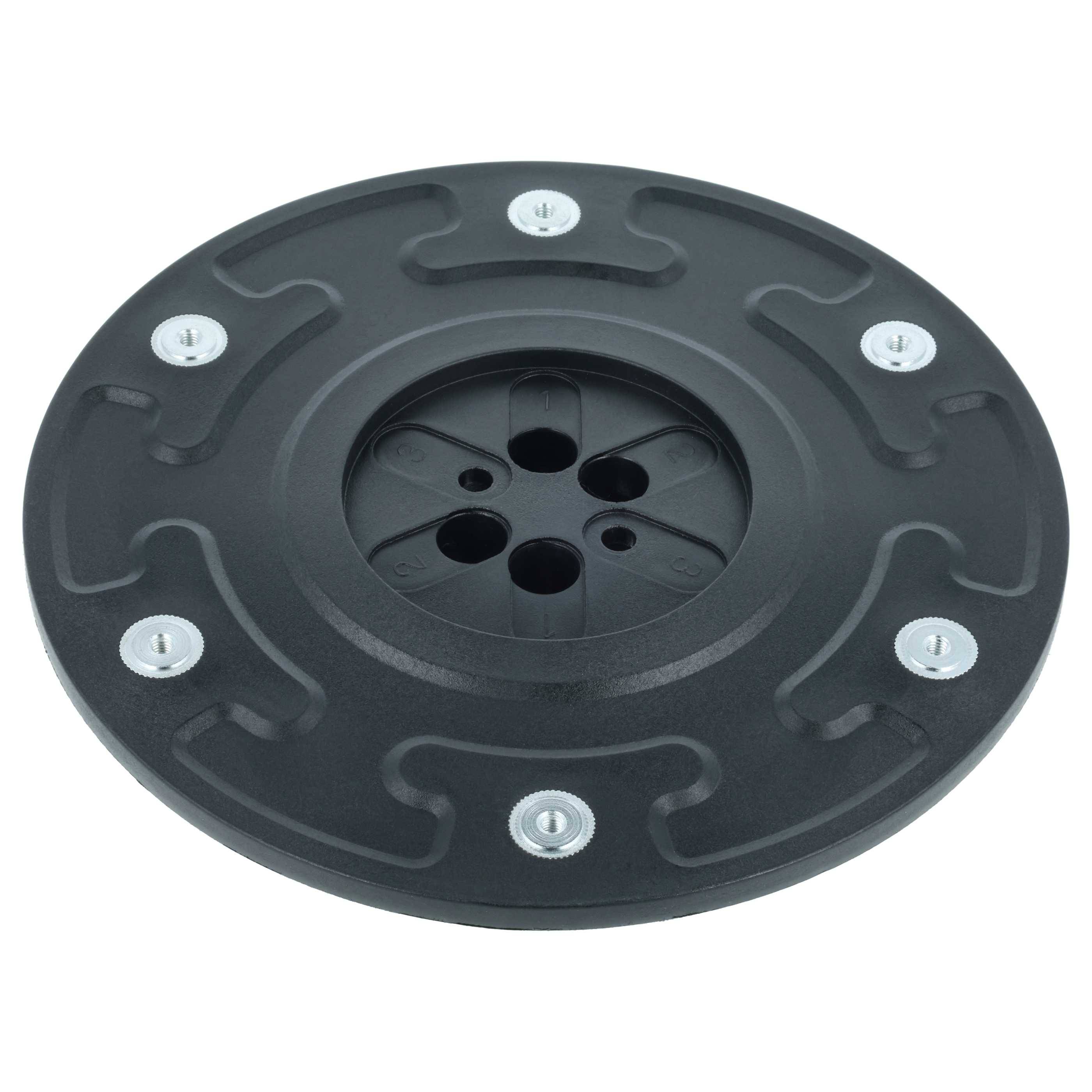 Ein rundes, schwarzes Plastikbauteil mit einem zentralen kreisförmigen Muster und sechs gleichmäßig um den Umfang verteilten Schrauben.