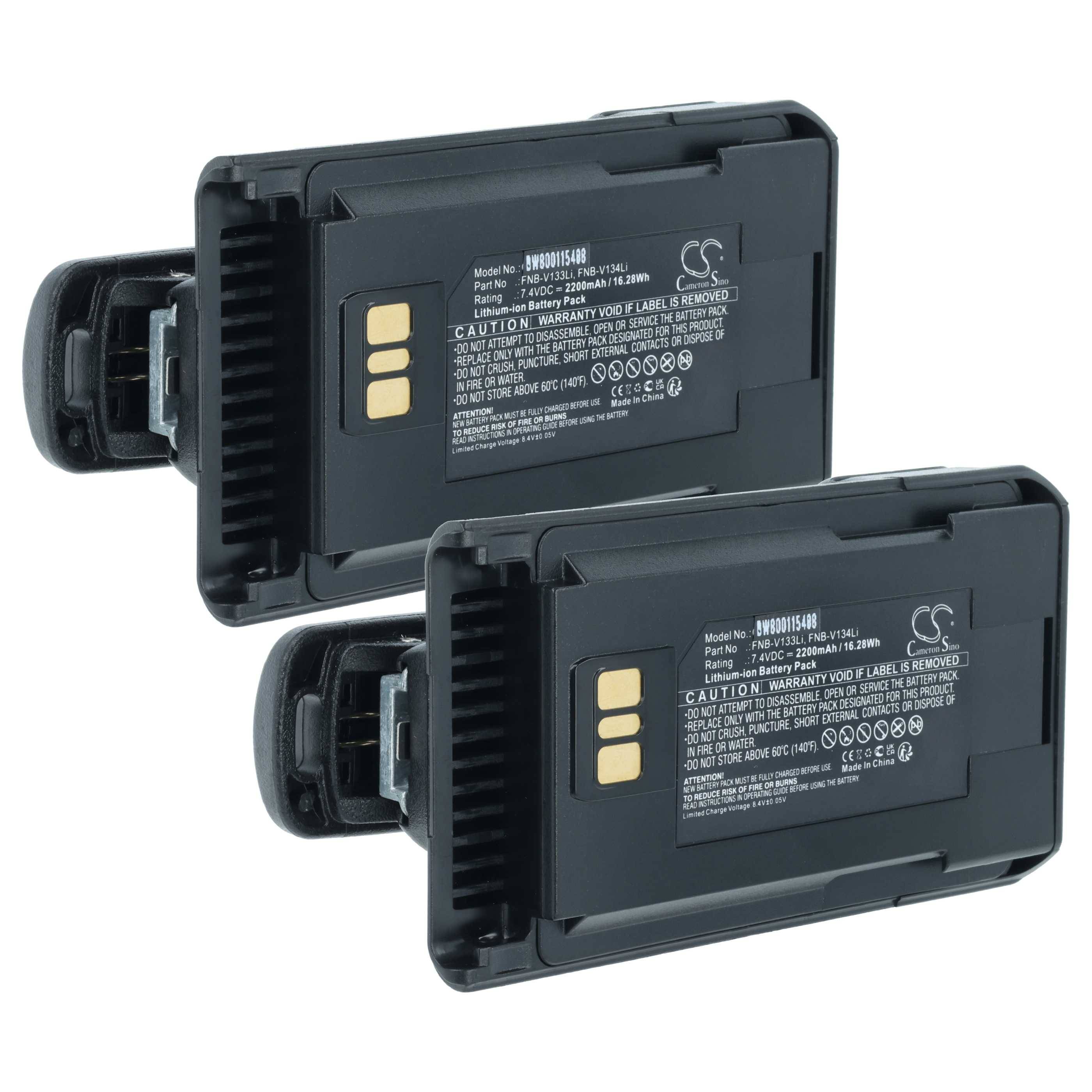Zwei schwarze elektronische Geräte mit goldenen Anschlüssen und aufgedruckten Spezifikationen, schräg nebeneinander angeordnet, mit Warnhinweisen auf den Etiketten.