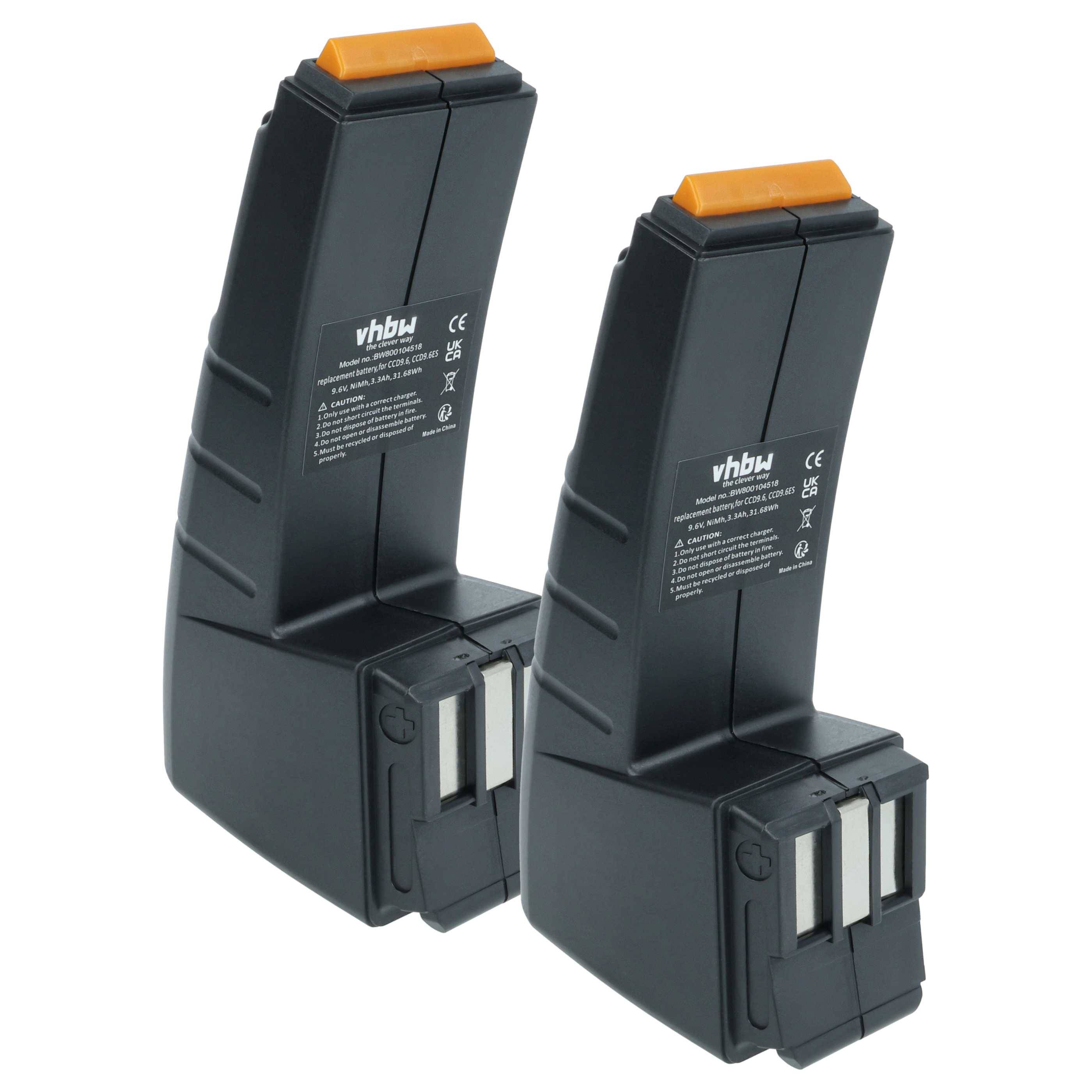 Zwei schwarze Akkupacks mit orangefarbenen Klemmen, mit Modellinformationsetiketten und Anzeigestreifen auf der Vorderseite.