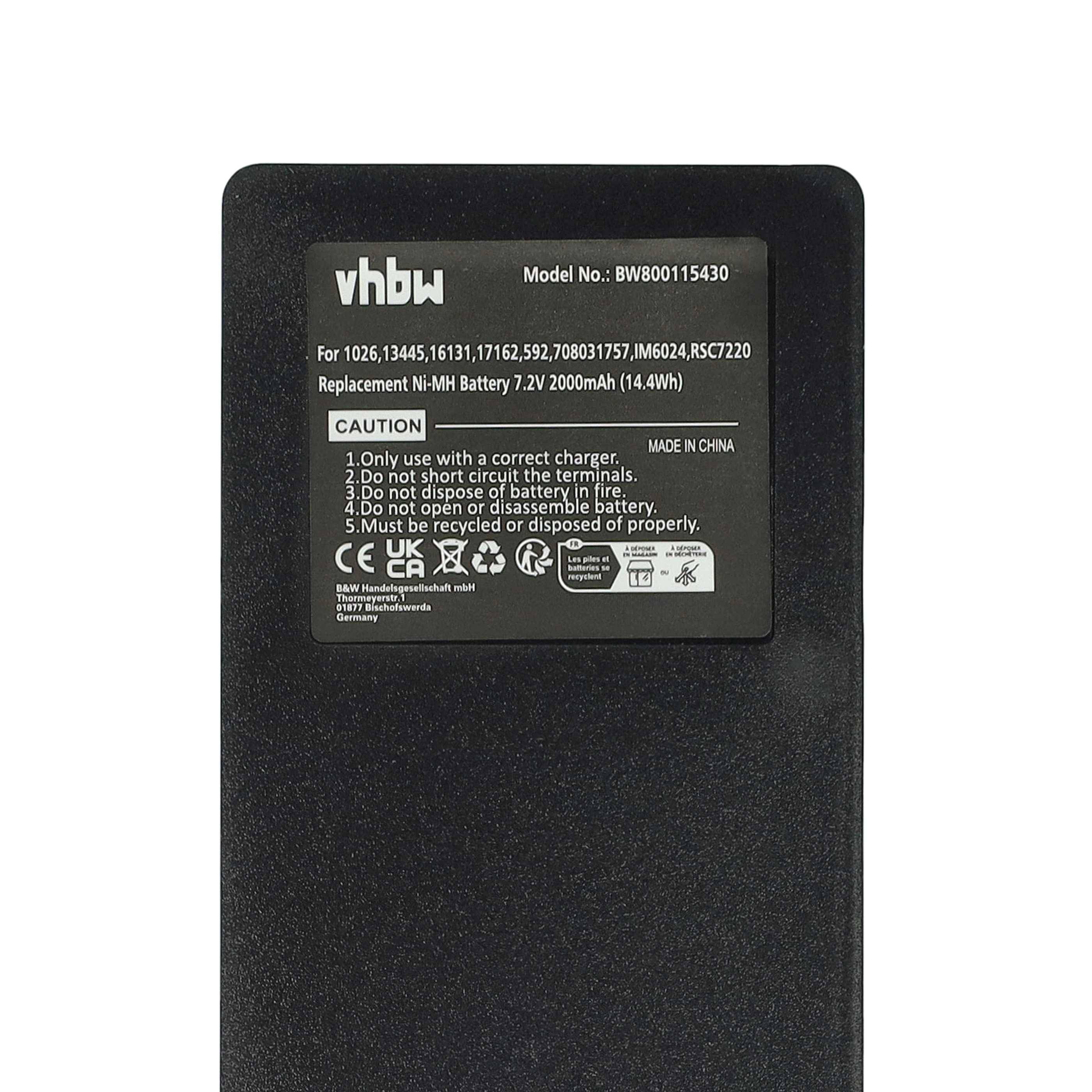 Akku mit Aufschrift: 'vhbw Modell-Nr.: BW80115340, 7,2V, 2000mAh'. Enthält Warnhinweise und Recycling-Symbole.