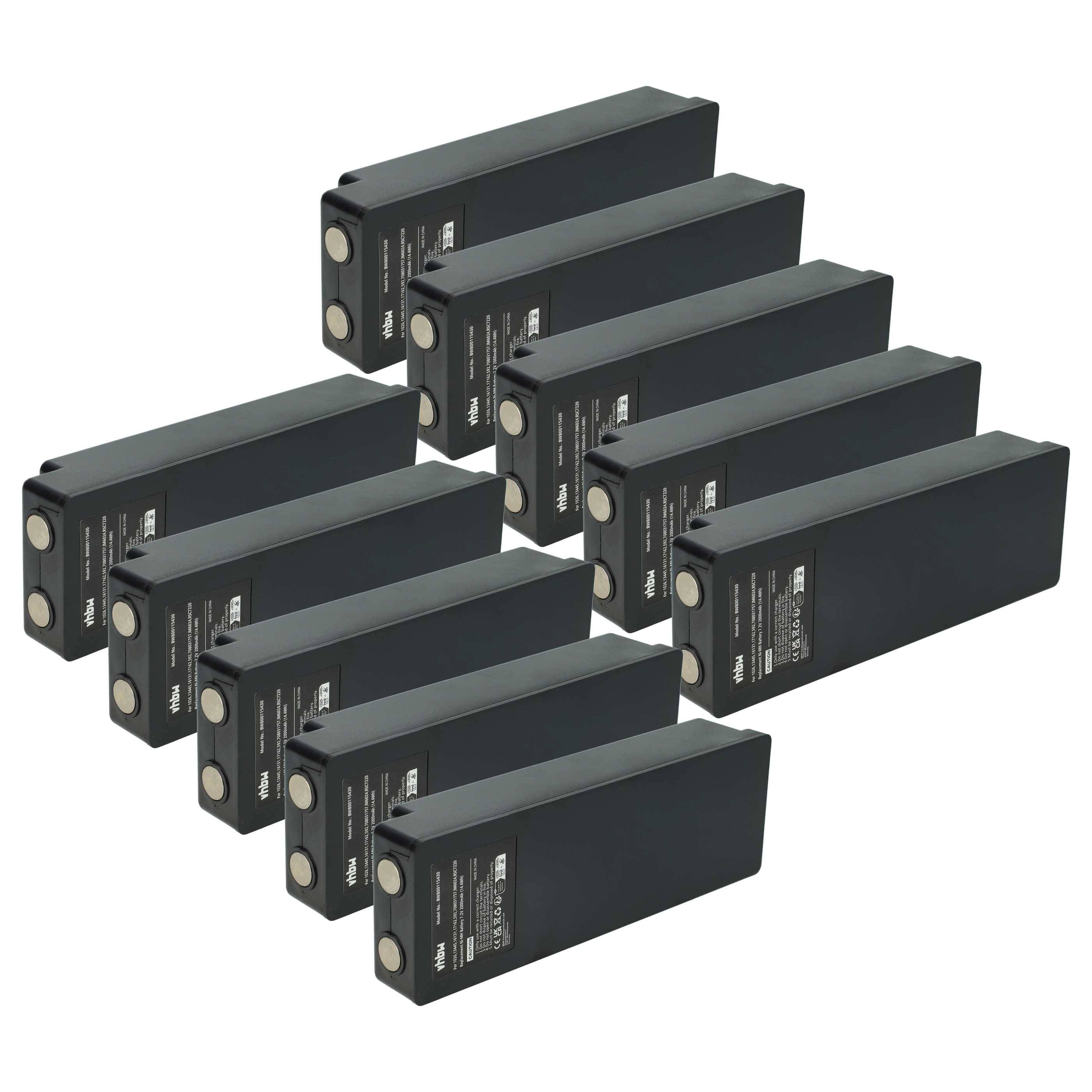 Zehn schwarze rechteckige Batterien sind in Reihen angeordnet, wobei jede sichtbare Anschlüsse und gedruckte Spezifikationen auf der Vorderseite aufweist.