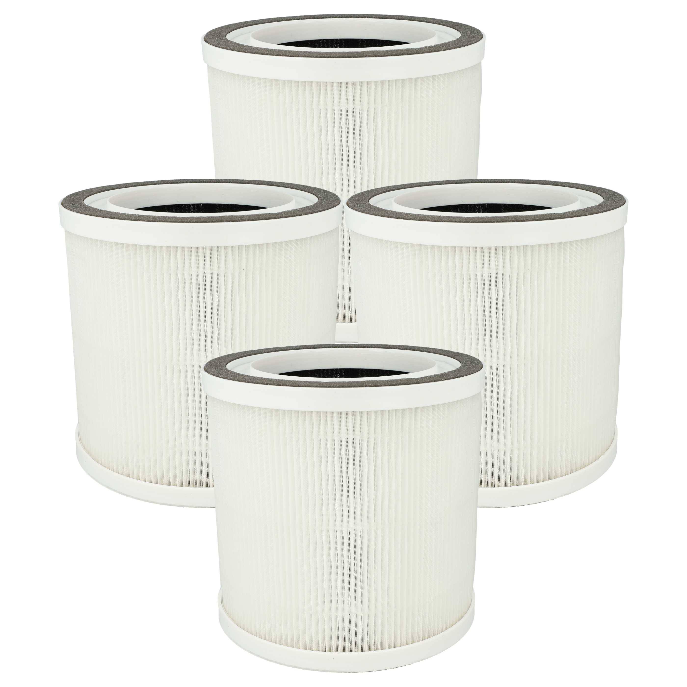 Vier weiße zylindrische Luftfilter in quadratischer Anordnung angeordnet, die ihre gefaltete Textur und kreisförmigen Öffnungen zeigen.