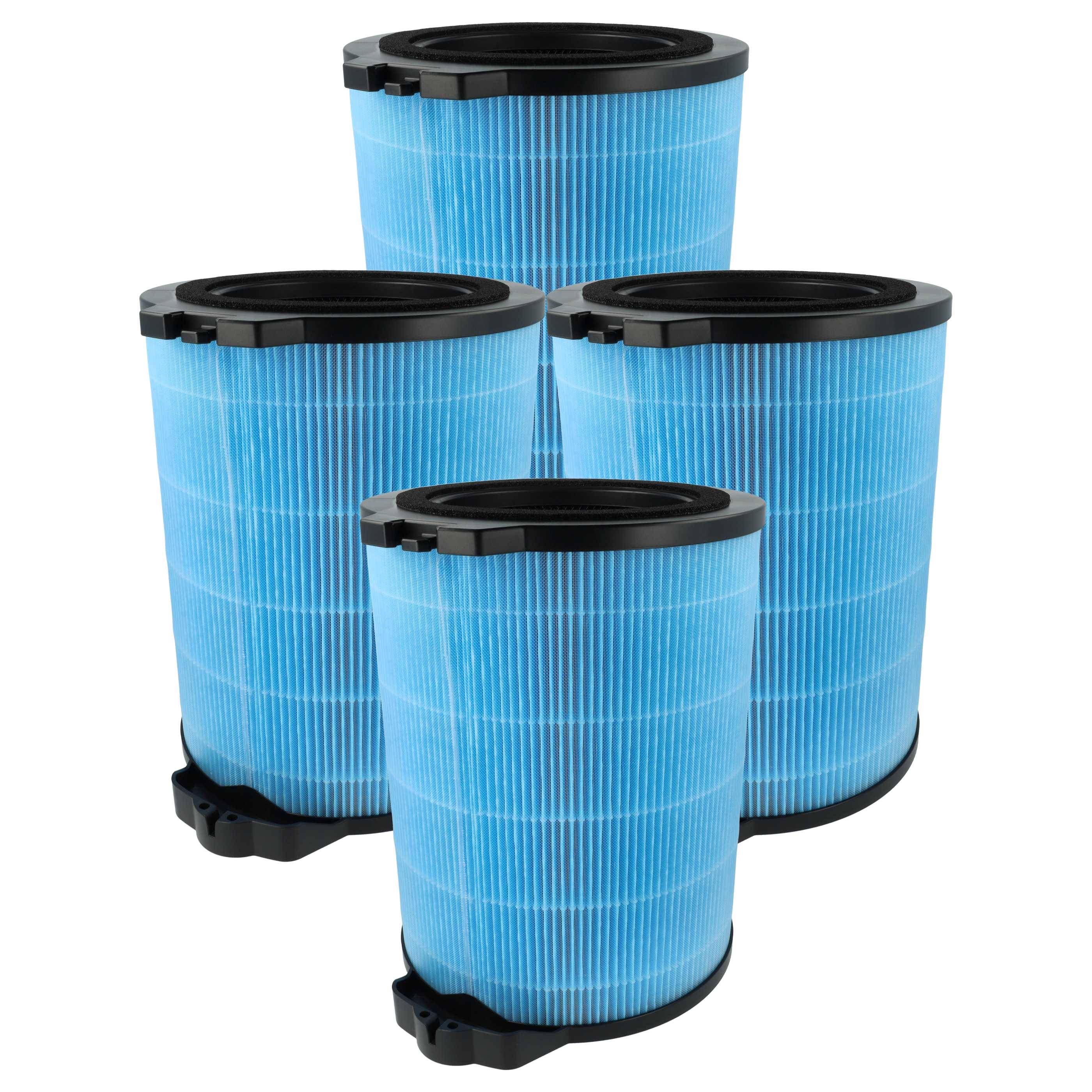 Vier zylindrische blaue Luftfilter mit schwarzen Kanten in zwei Reihen angeordnet.
