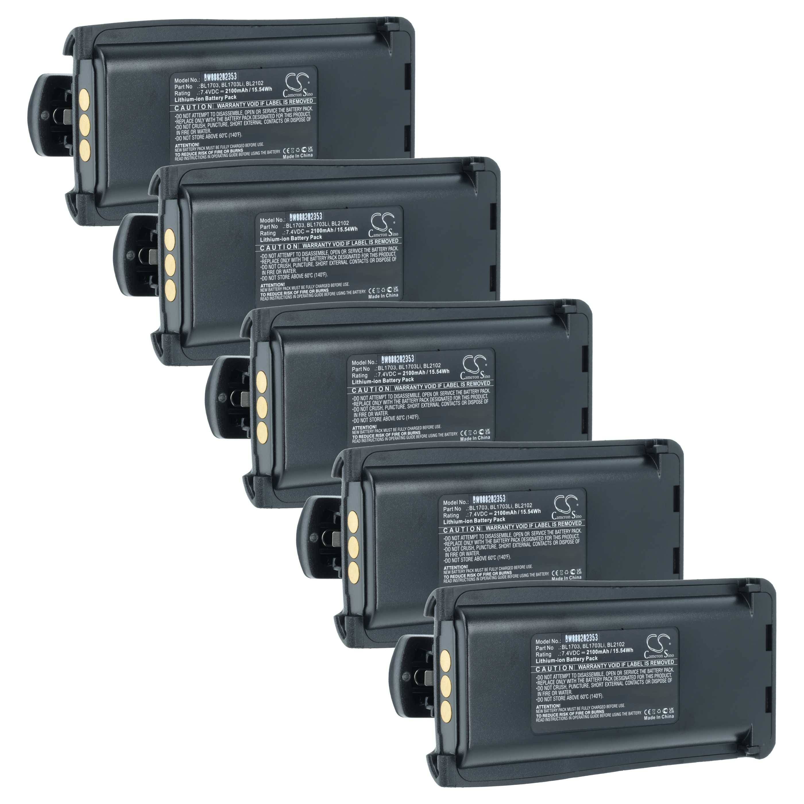 Fünf schwarze elektronische Geräte diagonal angeordnet, jeweils mit Textbeschriftungen auf der Vorderseite, die wahrscheinlich Spezifikationen oder Anweisungen anzeigen.