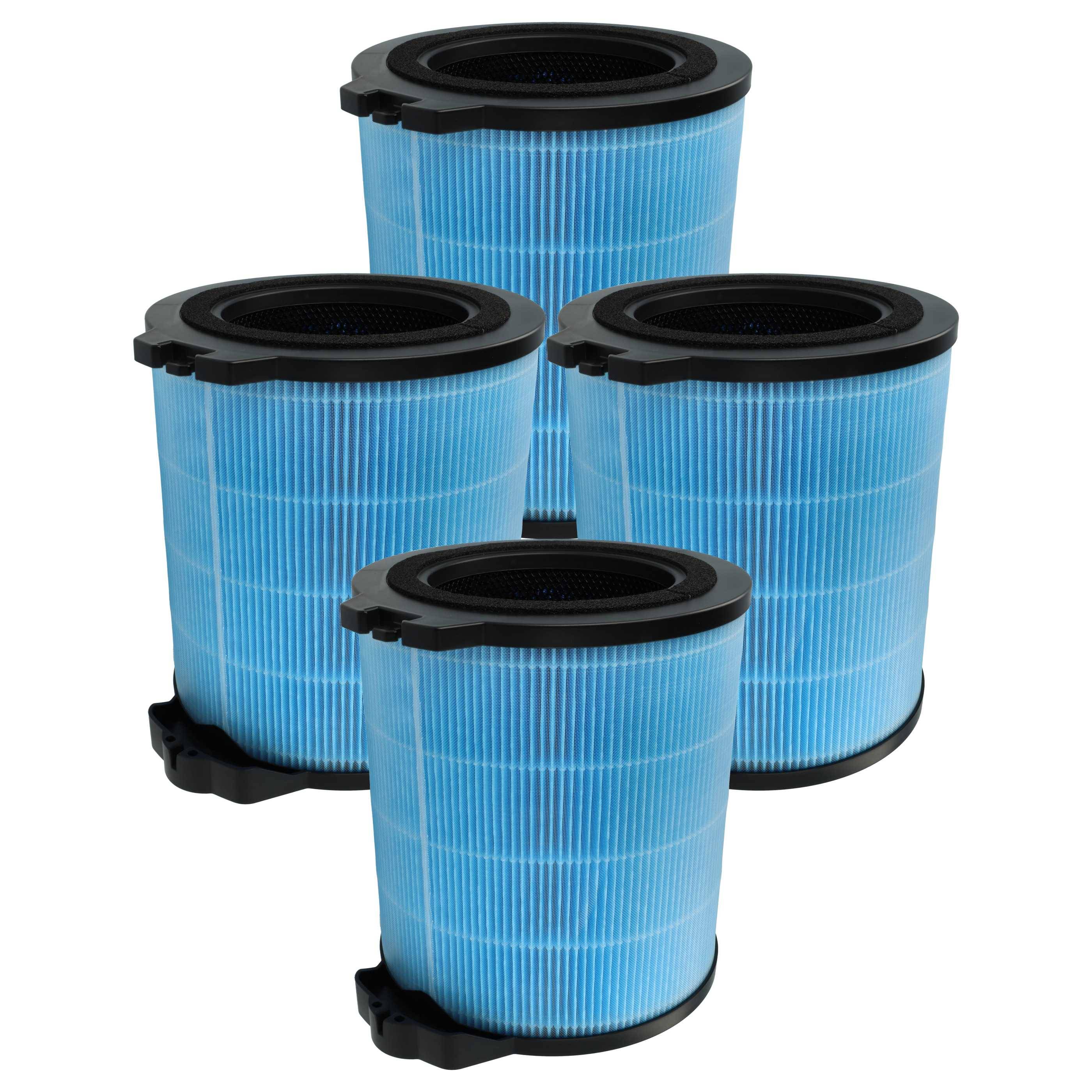 Vier blaue zylindrische Luftfilter mit schwarzen Oberteilen und Unterteilen, in einer Gruppe angeordnet.