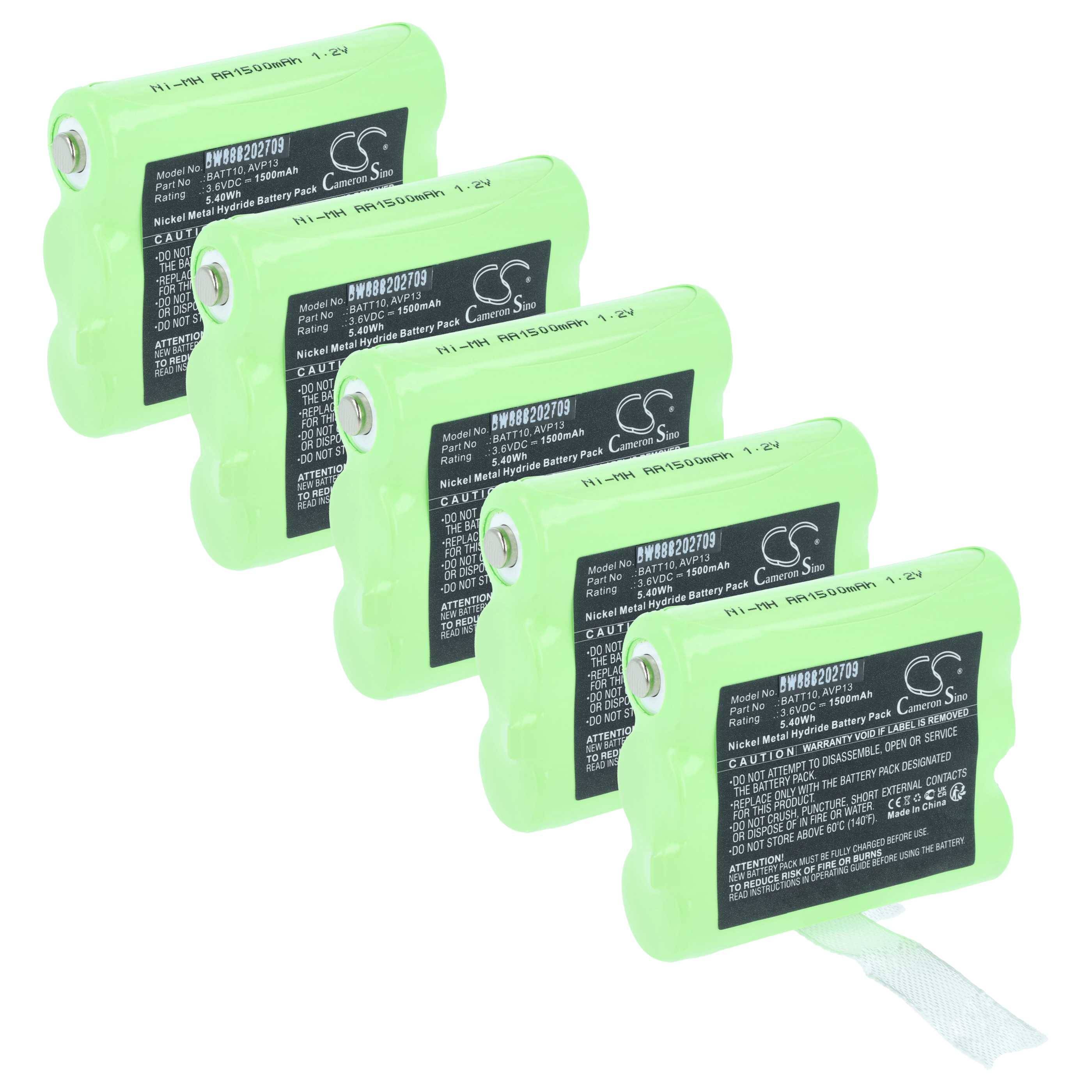 Sechs grüne wiederaufladbare Batteriepacks in einer Reihe, mit schwarzen Etiketten, die Marke und Vorsichtsinformationen zeigen.