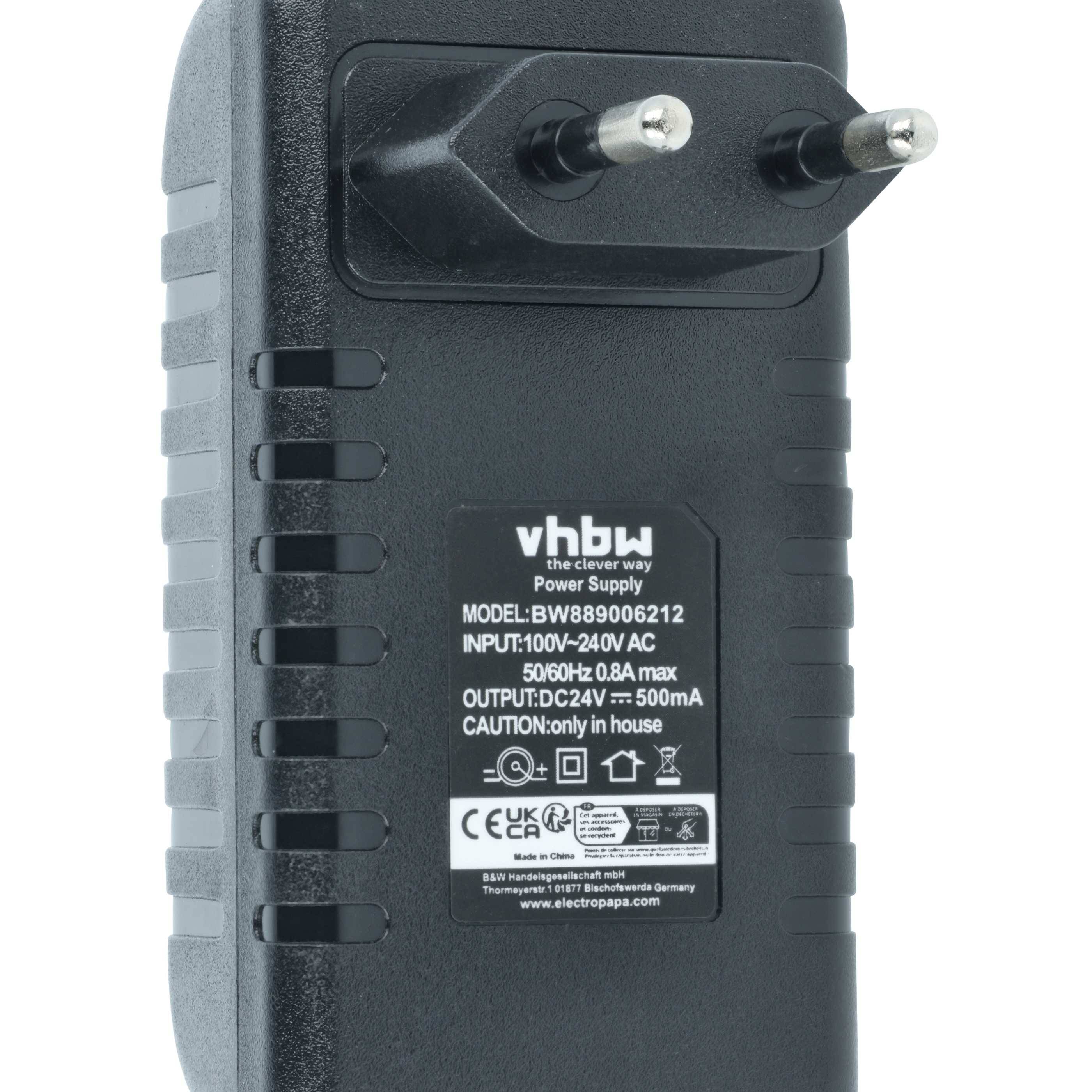 Ein schwarzes AC-Netzteil mit Eingangsspannung 100V-240V AC, Ausgangsspannung 24V DC, 500mA. Verwendet für elektrische Geräte für den Innenbereich.