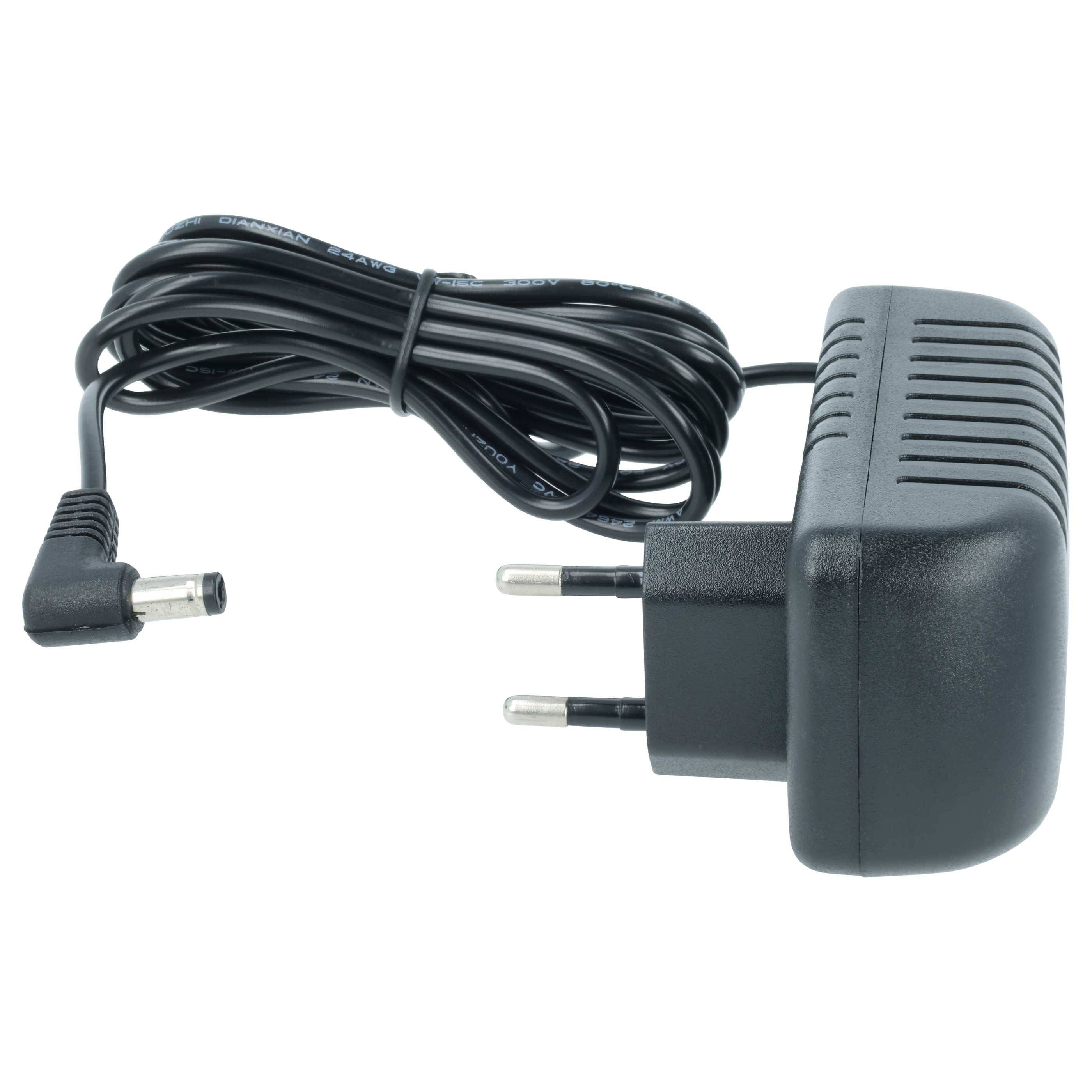 Ein schwarzer Steckernetzadapter mit einem zweiadrigen Stecker und einem spiralförmigen Kabel, das in einem Winkelstecker endet, vor einem weißen Hintergrund.