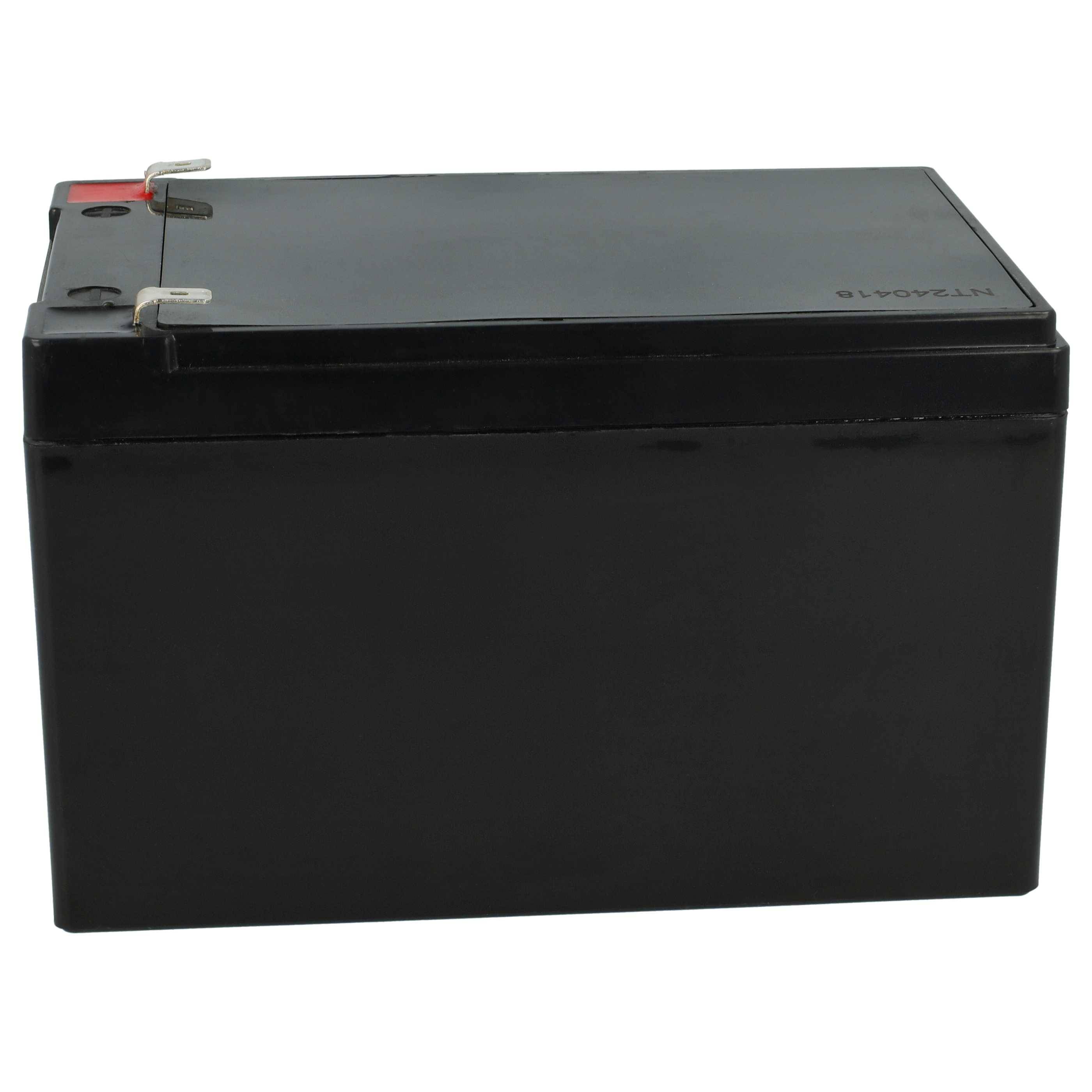 Eine rechteckige schwarze Batterie mit roten und schwarzen Anschlüssen oben, die zur Stromversorgung elektronischer Geräte oder Sicherungssysteme verwendet wird.