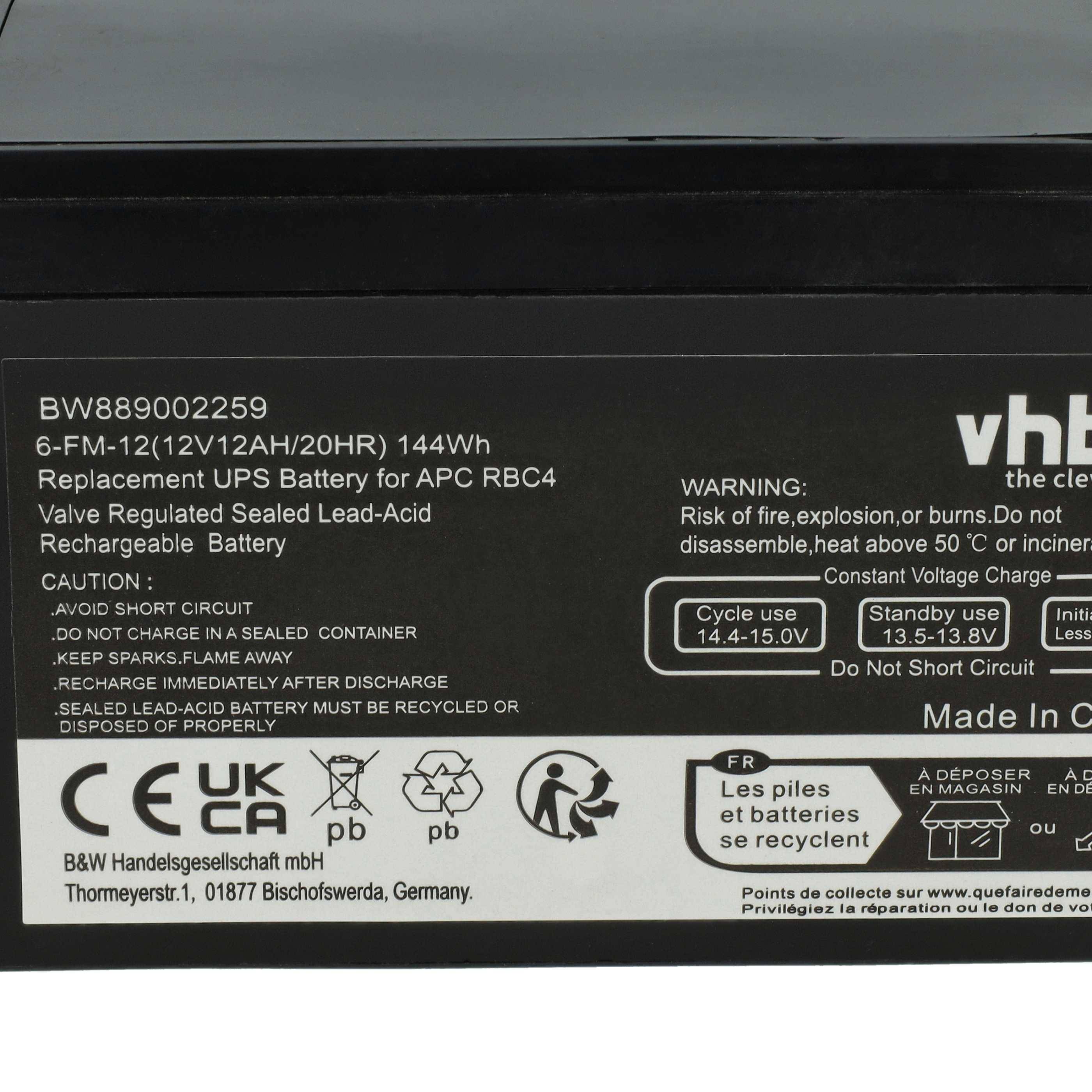 Ein wiederaufladbarer Blei-Säure-USV-Akku für APC RBC4, 12V 12Ah, 144Wh. Warnung: Brandgefahr, Explosionsgefahr. 'Nicht kurzschließen.
