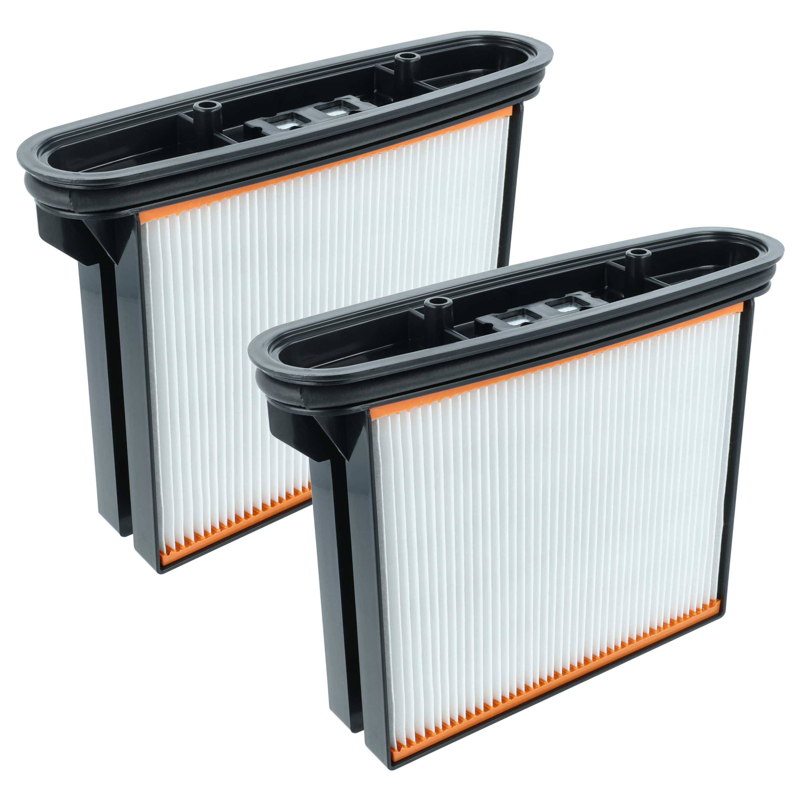 Zwei rechteckige Luftfilter mit gefalteten weißen Oberflächen und schwarzen Kunststoffrahmen. Sie sind für eine effiziente Filtration konzipiert.