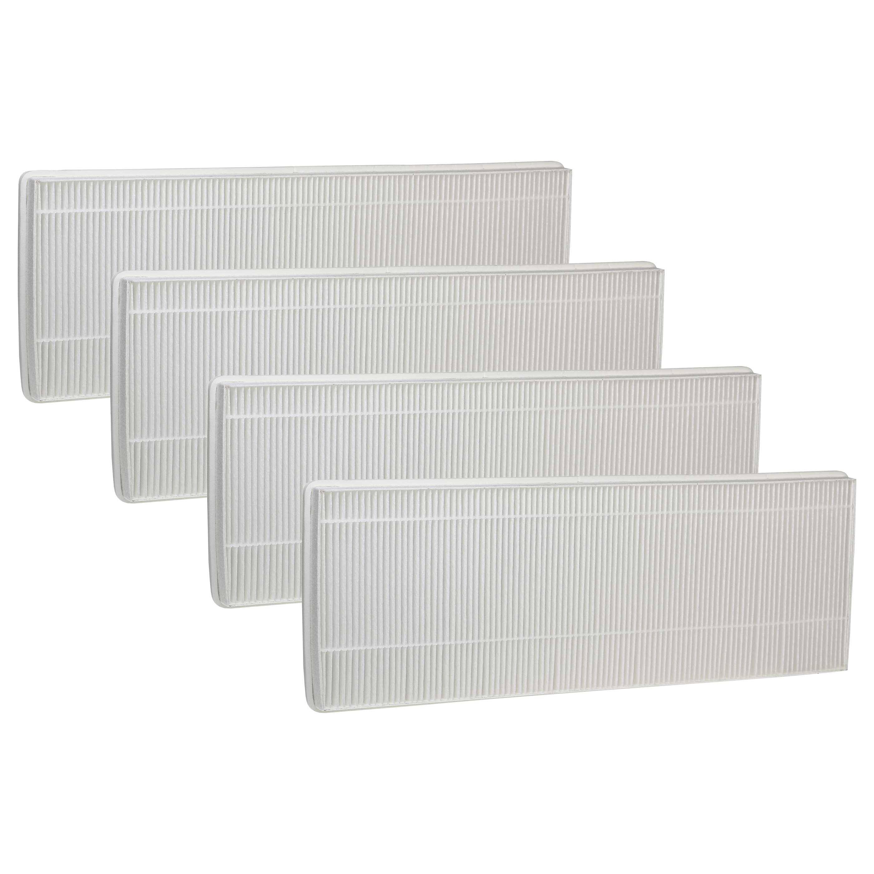 Vier weiße rechteckige Luftfilter sind in einer versetzten Reihe angeordnet und zeigen ihre gefaltete Oberfläche zum Auffangen von Staub und Allergenen.
