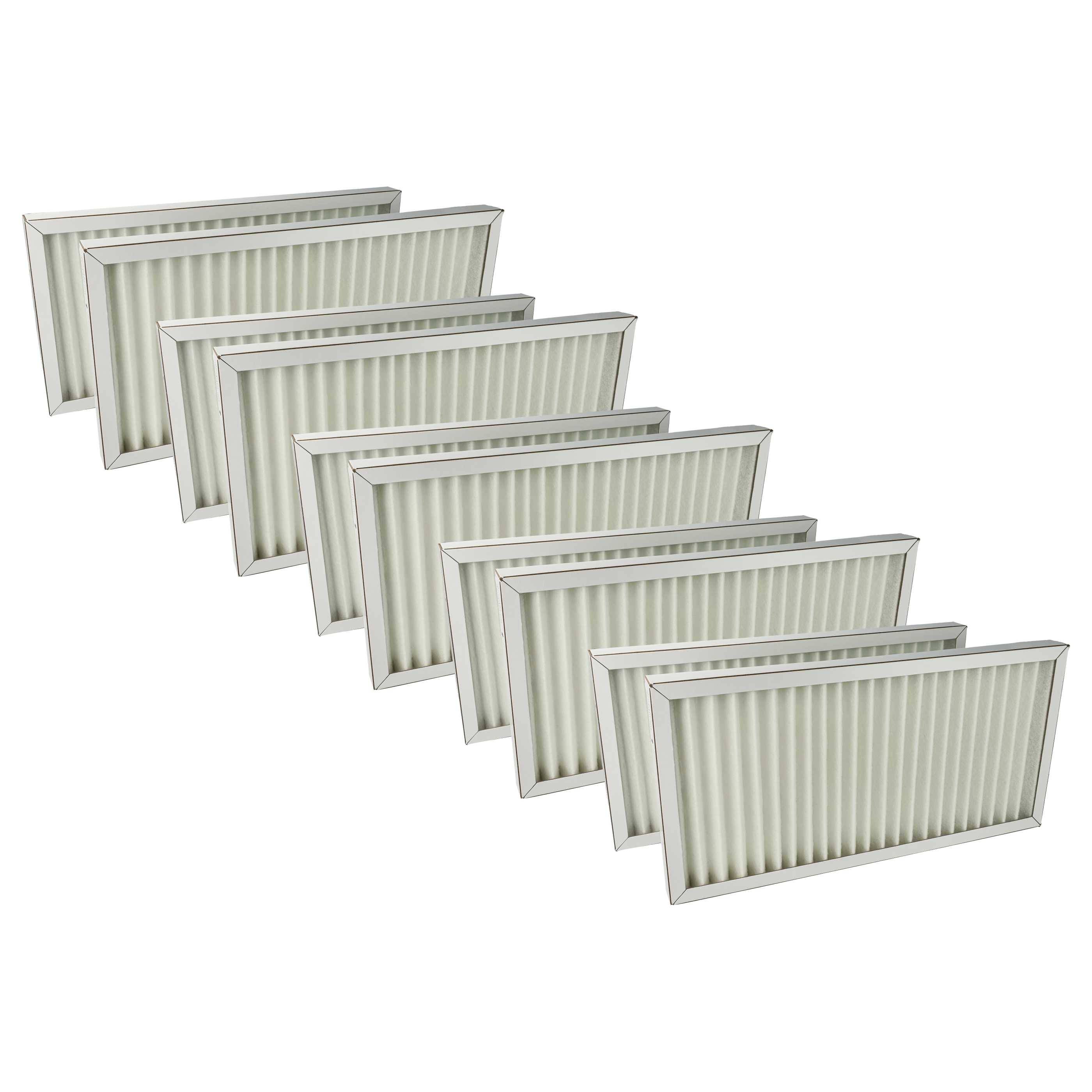 Eine Reihe von sieben weißen gefalteten Luftfiltern, die in zwei versetzten Linien angeordnet sind und ihre Verwendung zur Luftreinigung andeuten, vor einem einfarbigen Hintergrund.