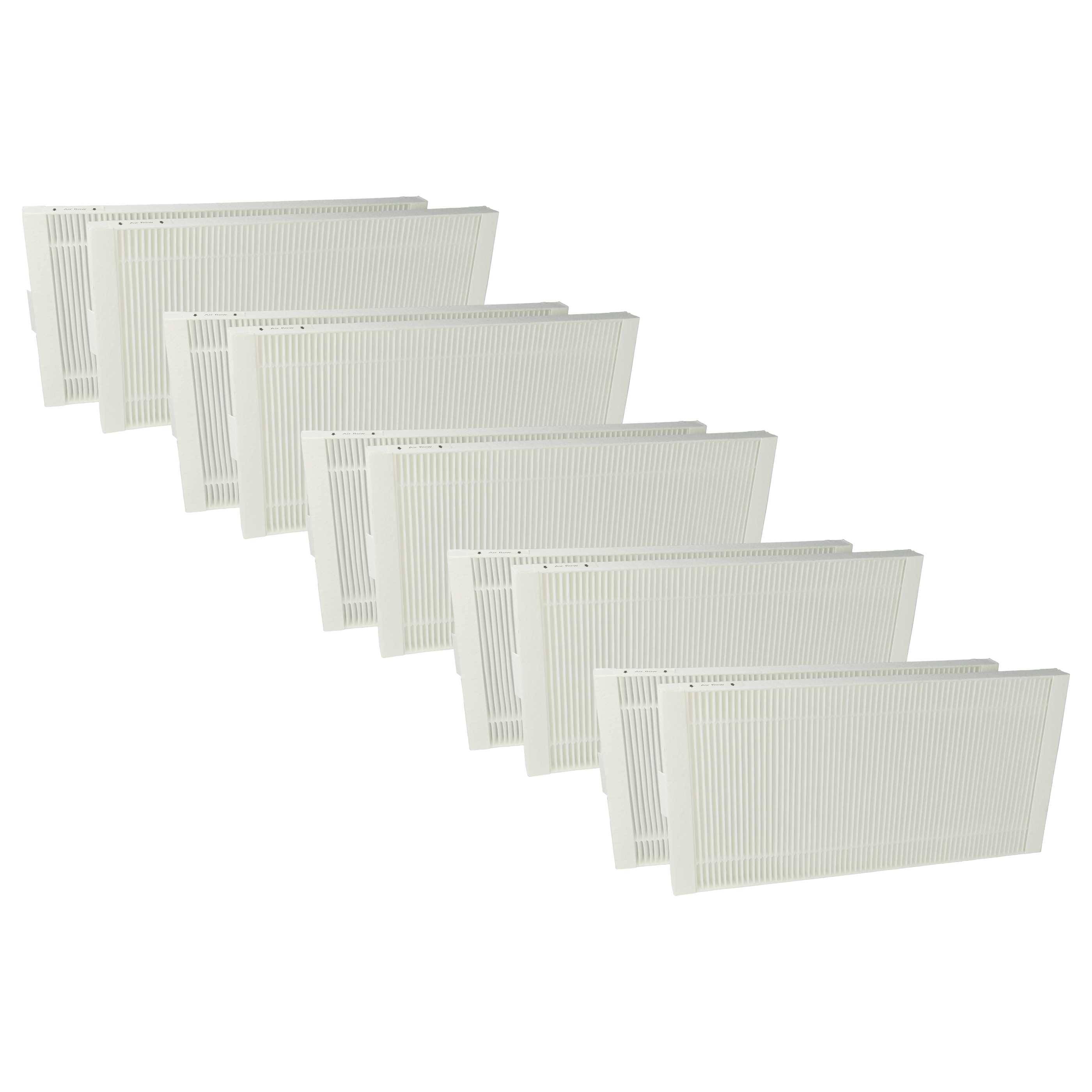 Acht weiße rechteckige Luftfilter, die in zwei Reihen angeordnet sind und eine gefaltete Oberflächenstruktur aufweisen.