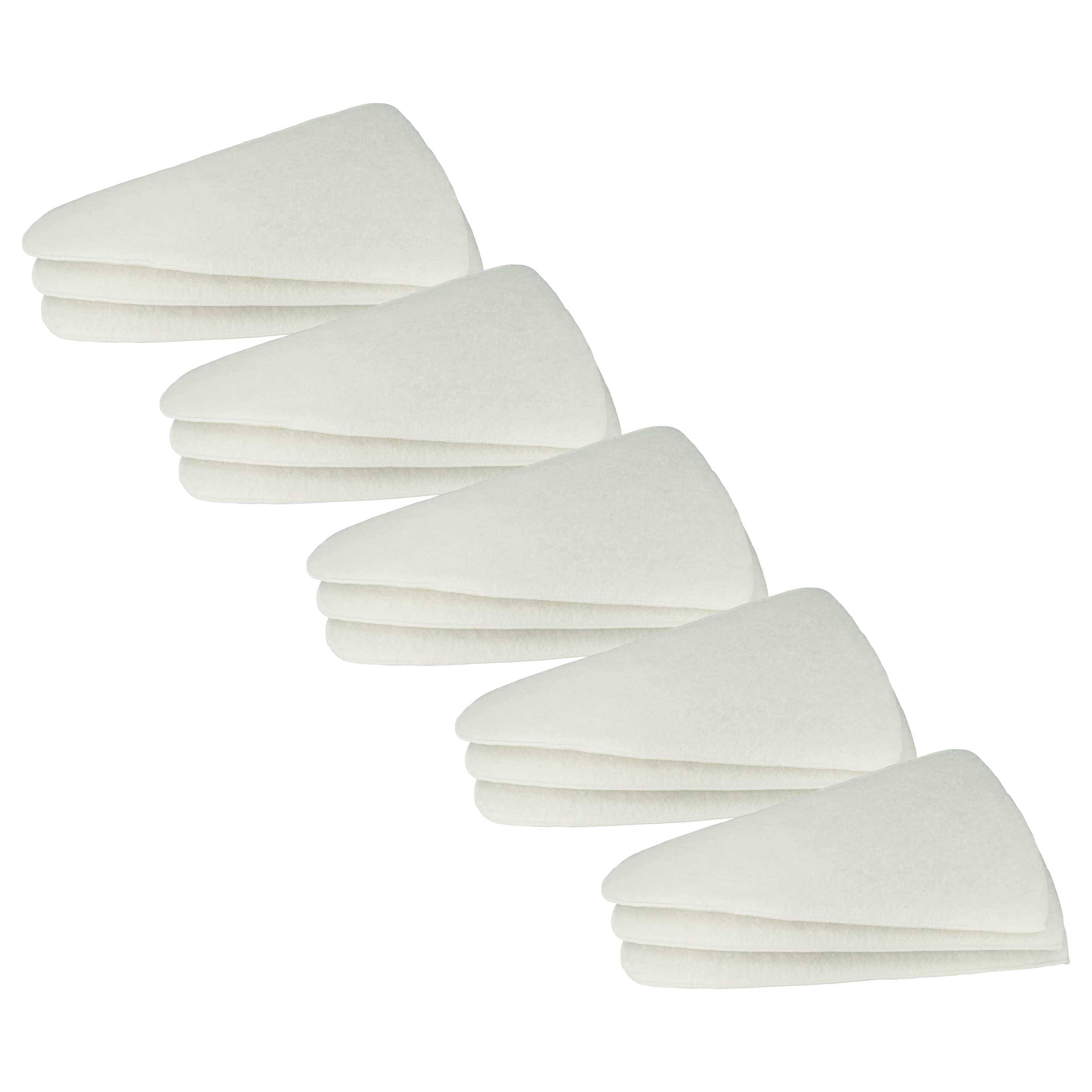 Fünf weiße dreieckige Luftreiniger-Filter sind in einer versetzten Linie vor einem einfarbigen Hintergrund angeordnet.