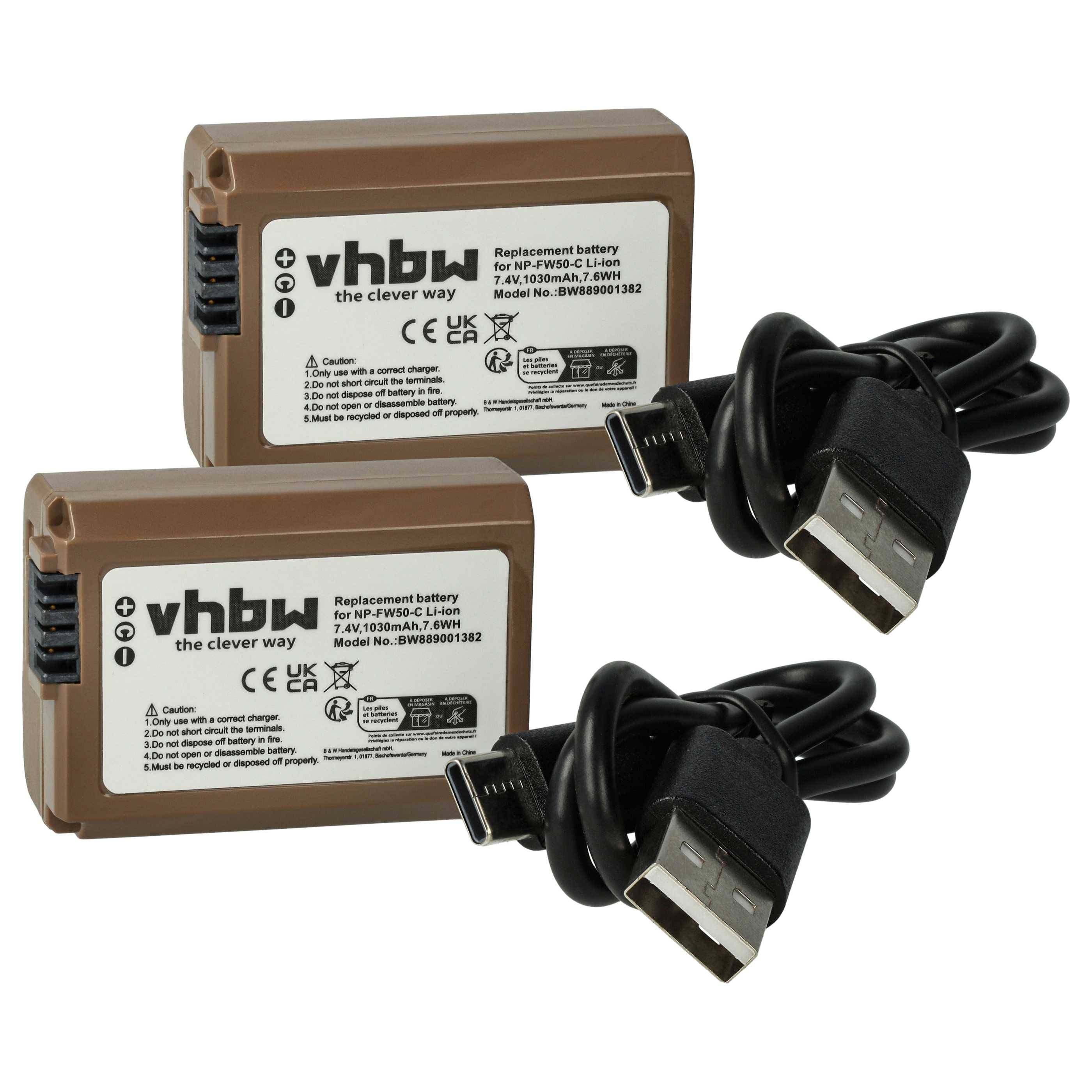 Zwei braune 'vhbw' Ersatzakkus mit Ladekabeln, gekennzeichnet für Canon NB-13L. Inklusive Produktbeschreibung und Verwendungssymbolen.