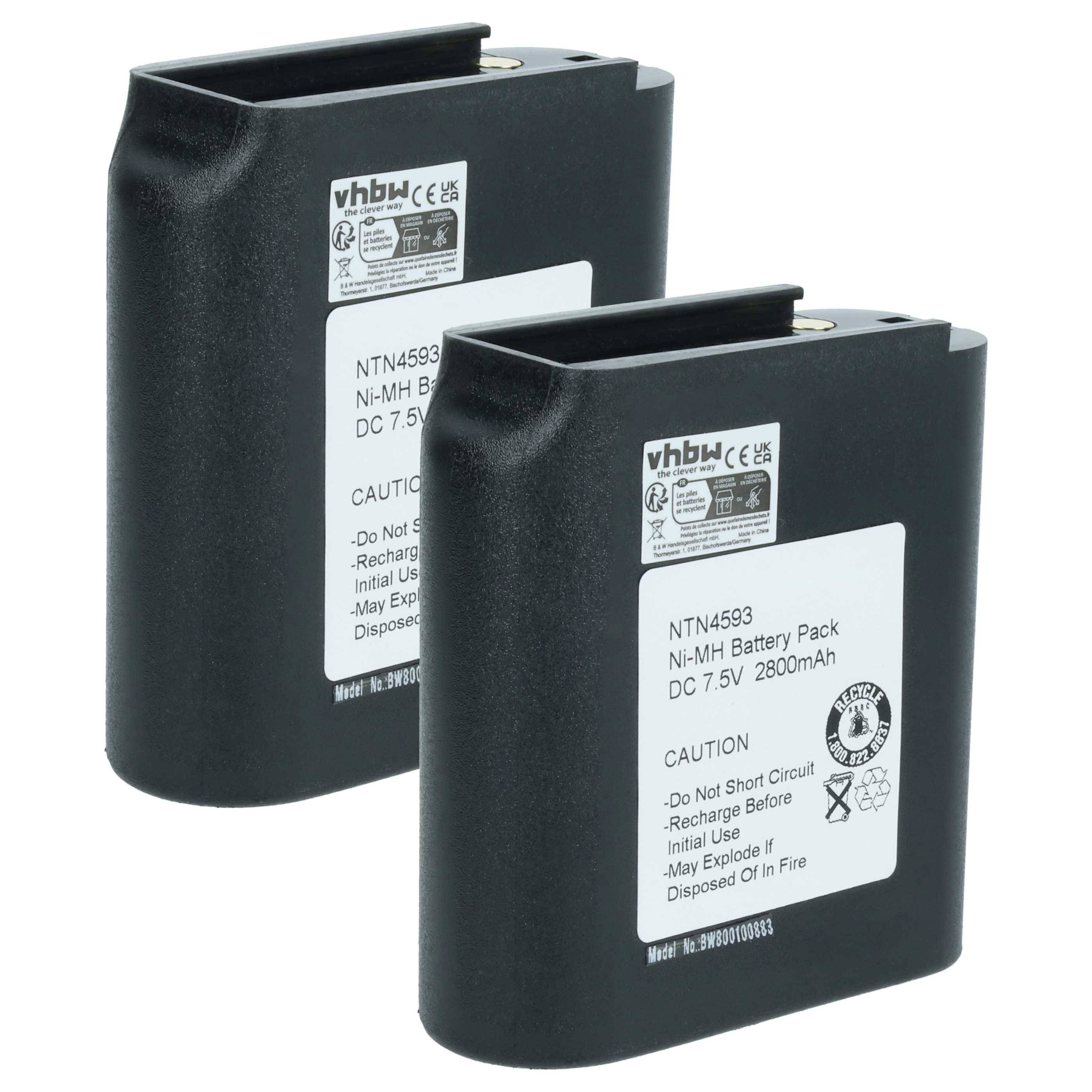 Zwei schwarze rechteckige wiederaufladbare Batterien mit weißen Etiketten, auf denen die Modellnummer 'NTN4533', 'Ni-MH Akkupack' und '7,5V 2800mAh' angegeben sind.