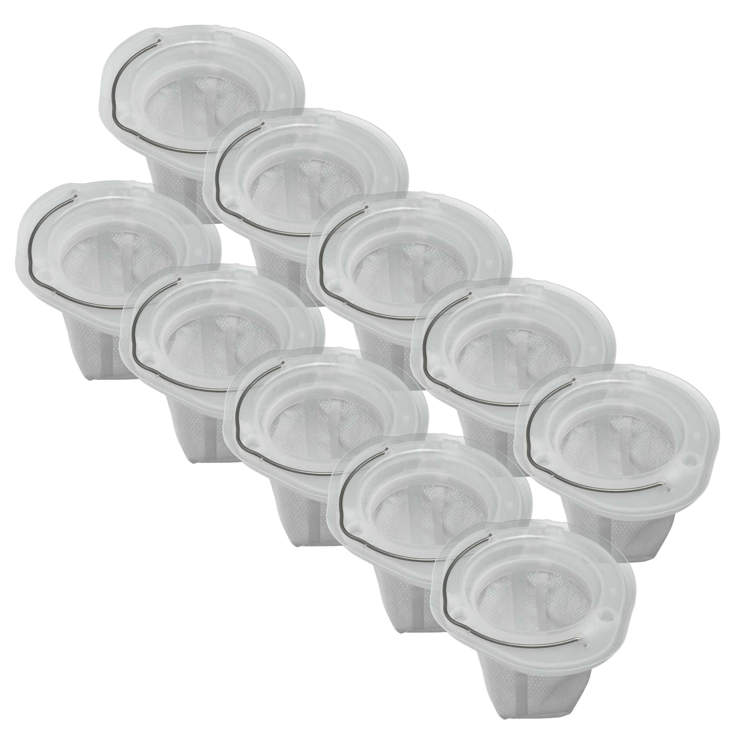 Zehn weiße Kaffeepodfilter, angeordnet in zwei Reihen, wobei jede Reihe aus fünf Filtern besteht. Sie werden zum Kaffeebrühen in einer Einzelportions-Kaffeemaschine verwendet.