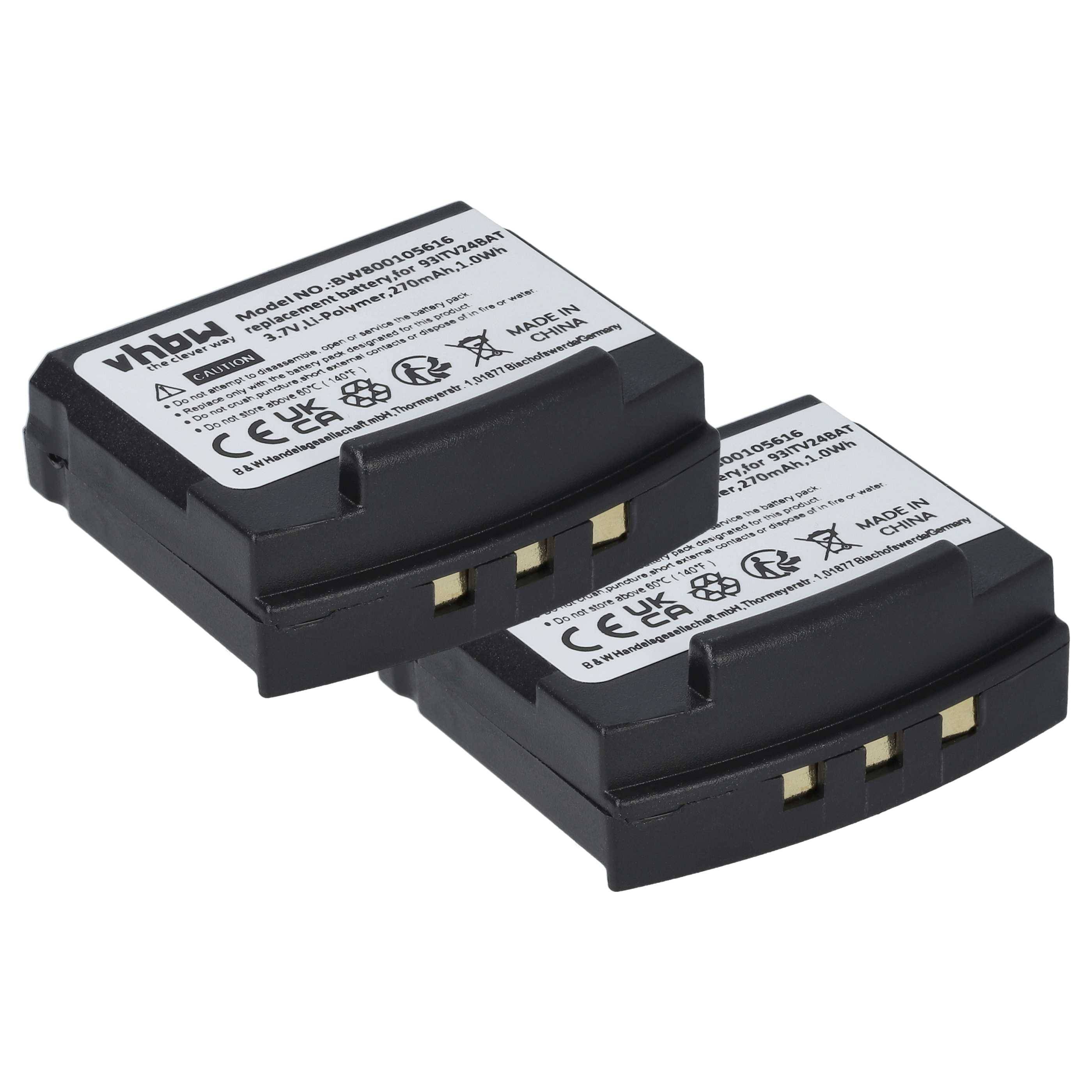 Zwei schwarze rechteckige Kamerabatterien mit beschrifteten Spezifikationen und Symbolen, die die Kompatibilität mit bestimmten Kameramodellen anzeigen.