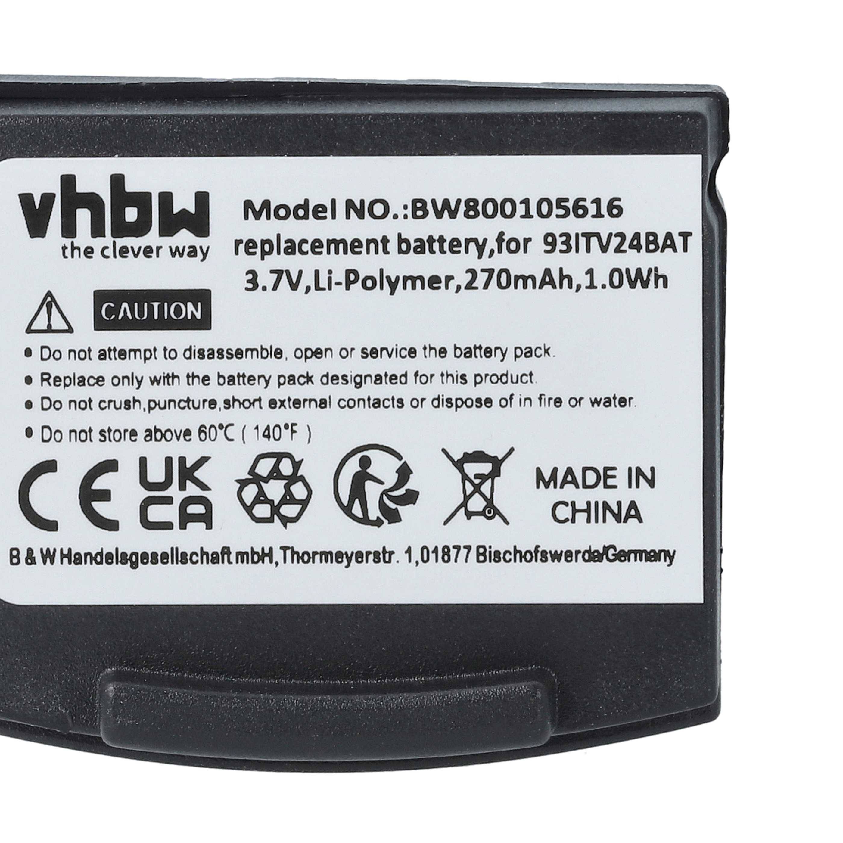 Batterie-Etikett zeigt Marke 'vhbw', Modell 'BW800105616', 3,7V, 270mAh, 1,0Wh, hergestellt in China. Enthält Warnhinweise und Recycling-Symbole.