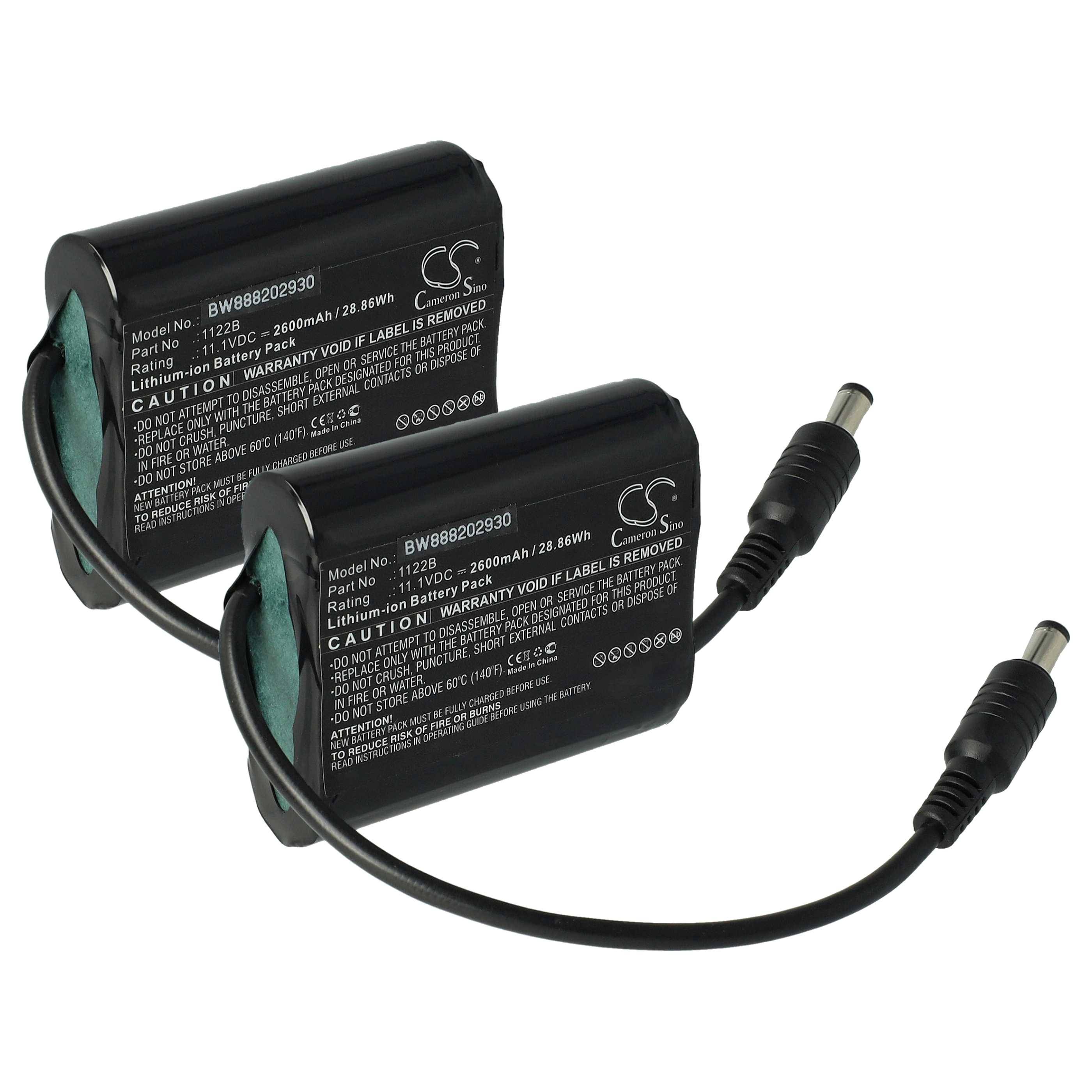 Zwei schwarze wiederaufladbare Lithium-Ionen-Akkupacks mit der Modellnummer BW888202P33, die durch Kabel mit Gleichstrom-Steckverbindern miteinander verbunden sind.