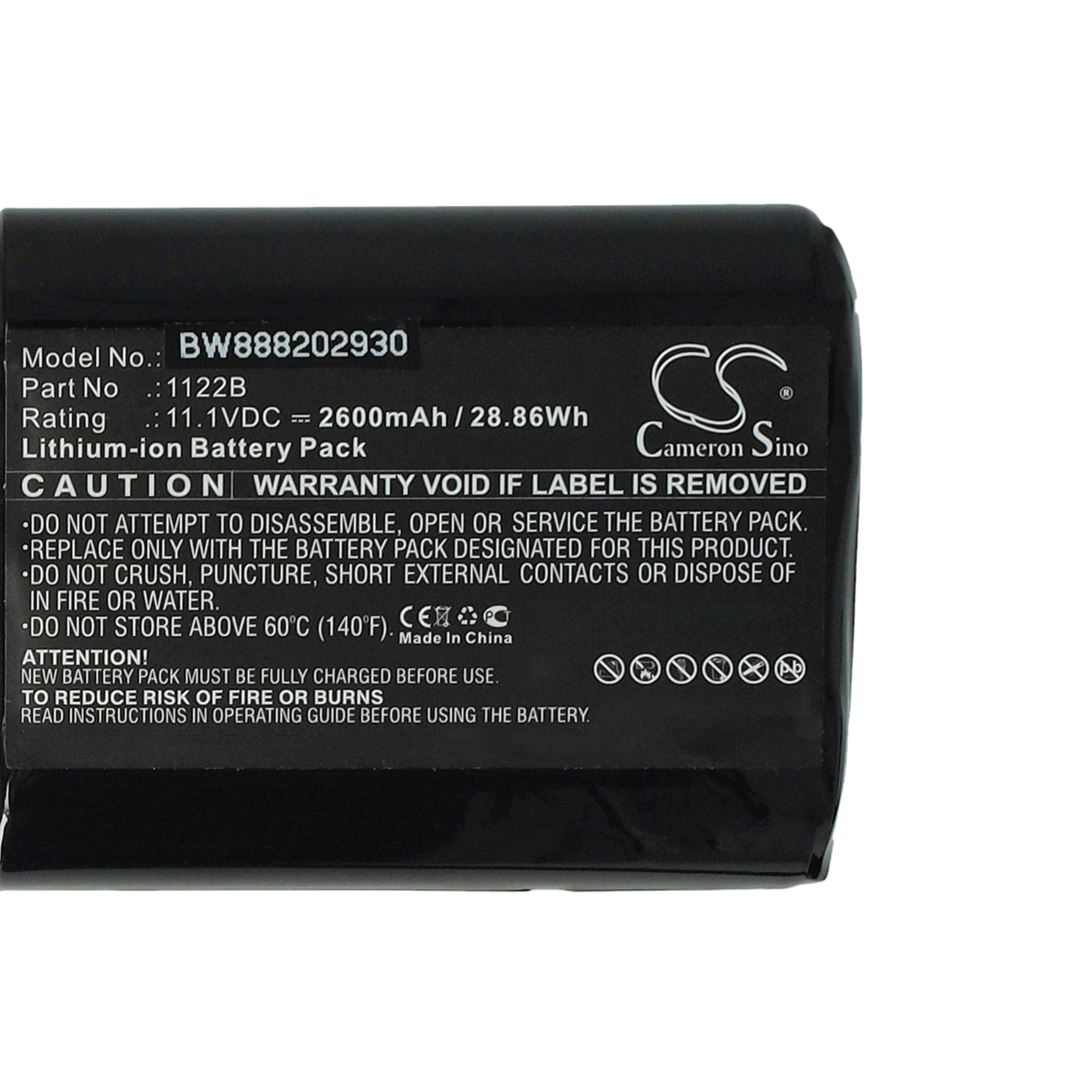 Batteriepaket-Etikett zeigt Modell 'BW888202930', Teilenummer '8828B', 11,1 VDC, 2600 mAh/28,86 Wh. Enthält Warnhinweise und 'Made in China'.