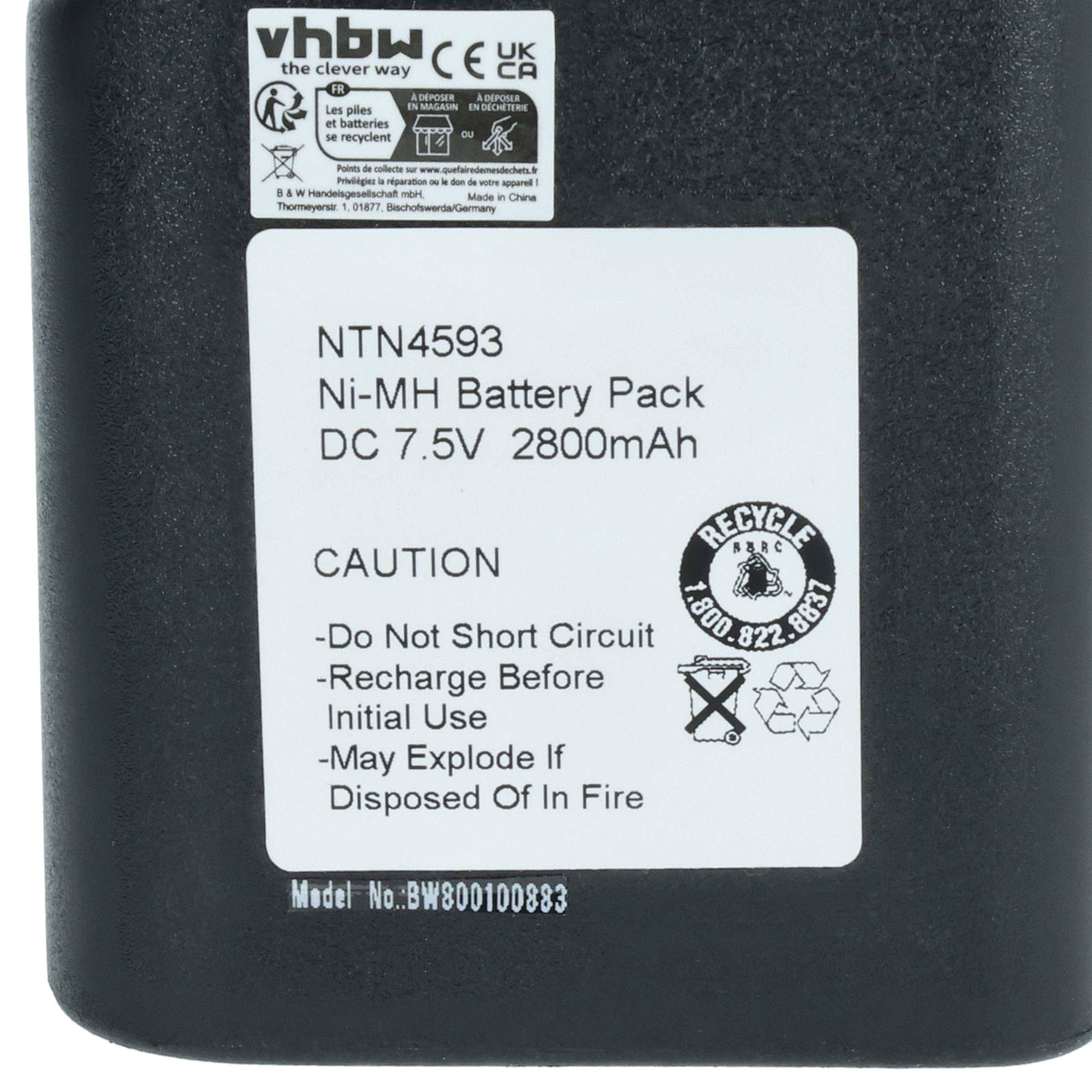 Akkupack mit Etikett mit der Aufschrift 'Ni-MH Akkupack DC 7,5V 2800mAh'. Warnhinweise: 'Nicht kurzschließen', 'Recycling', Modellnummer 'NTN4593'.