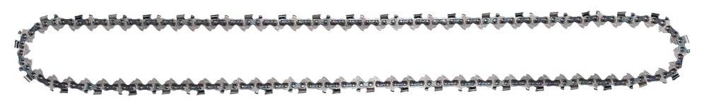 Eine Nahaufnahme einer Sägekette, die scharfe Metallzähne in zwei parallelen Reihen zeigt, die zum Holzschneiden verwendet wird.