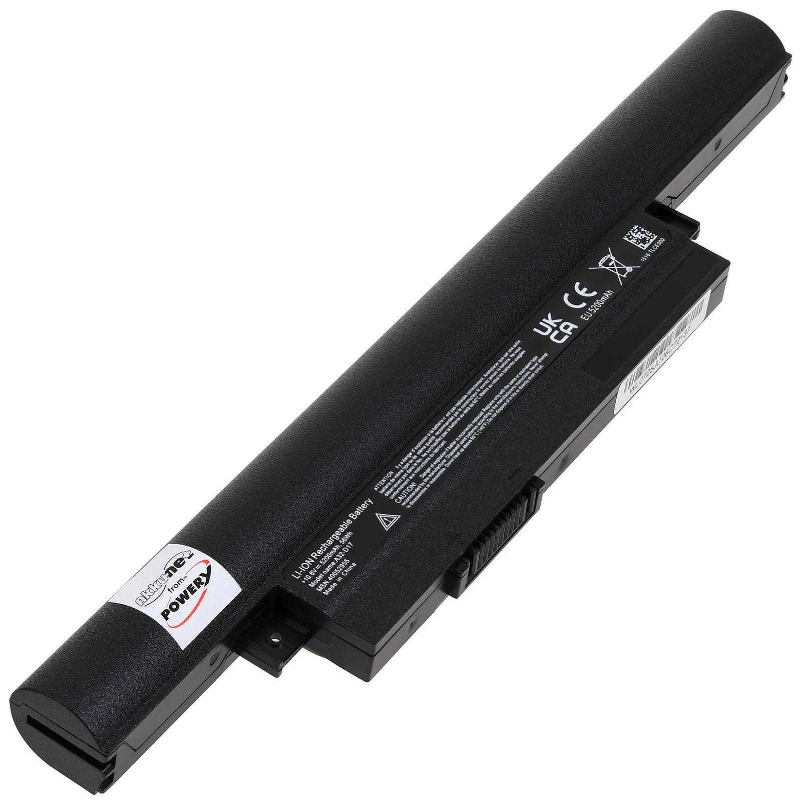 Ein schwarzer Laptop-Akku mit technischen Spezifikationen und Sicherheitssymbolen auf seiner Oberfläche; enthält Angaben zur Kapazität und Spannung.