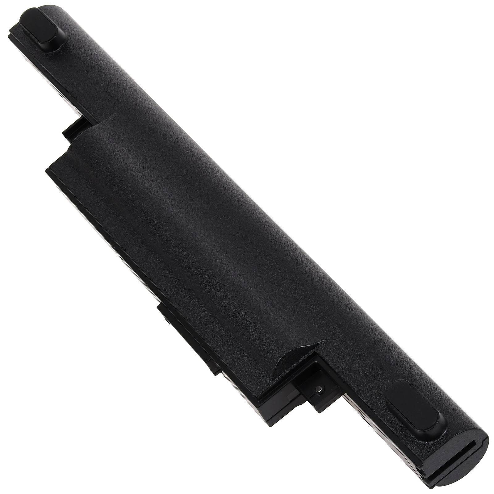 Eine schwarze Laptop-Batterie liegt flach, wobei ihre gerundeten und rechteckigen Merkmale sichtbar sind, mit Anschlüssen an einem Ende.