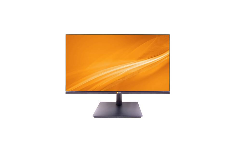 Ein Breitbildmonitor mit einem orangefarbenen und weißen abstrakten Hintergrund auf dem Display, der auf einem elegantem schwarzen Ständer sitzt.