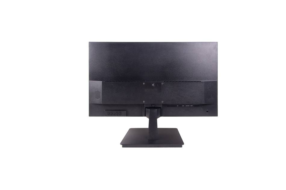 Rückansicht eines schwarzen Computermonitors auf einem Ständer, die Anschlüsse und Belüftungsbereiche zeigt.