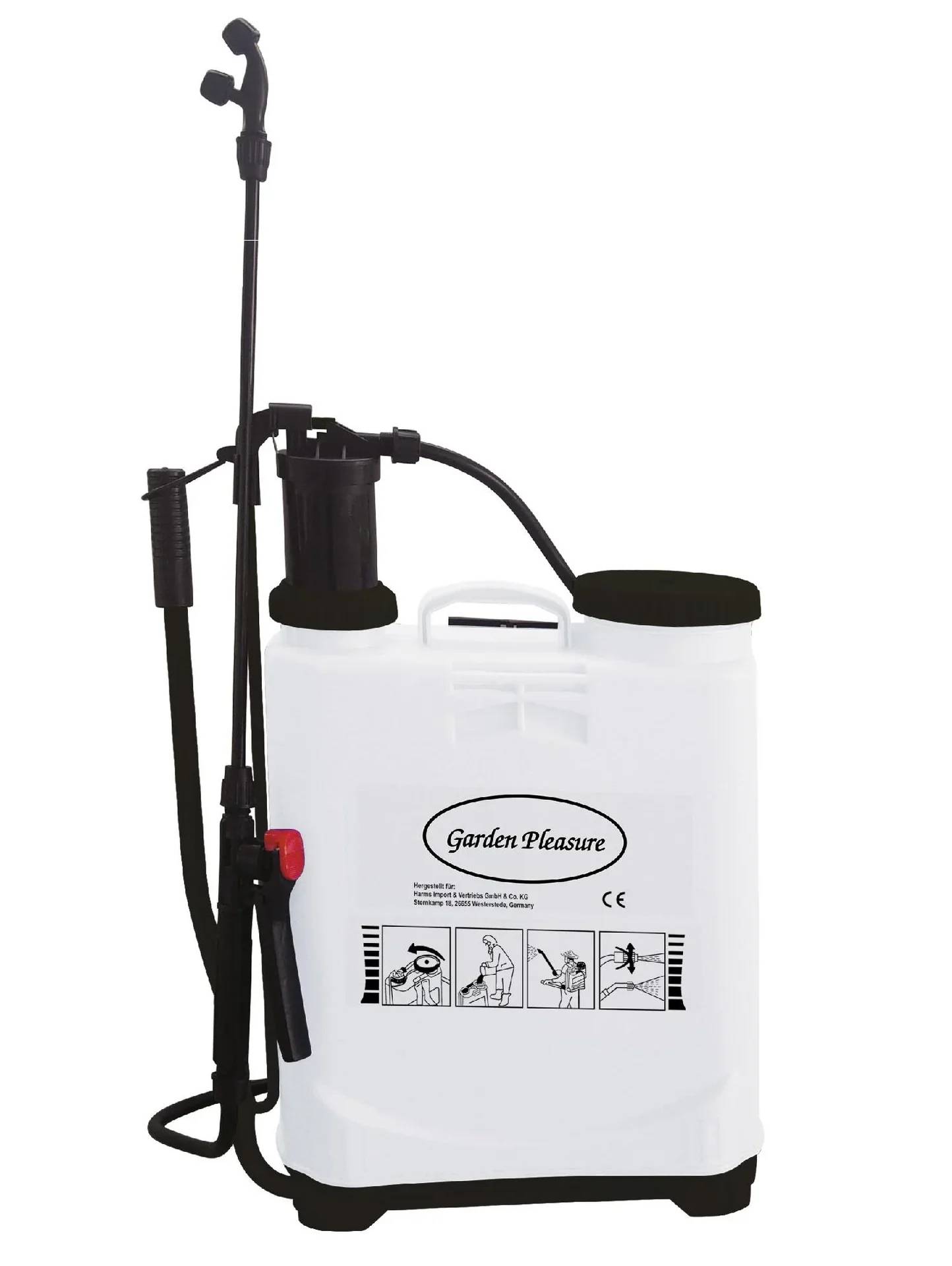 Ein weißer Gartensprüher mit schwarzem Griff und Schlauch, mit der Aufschrift 