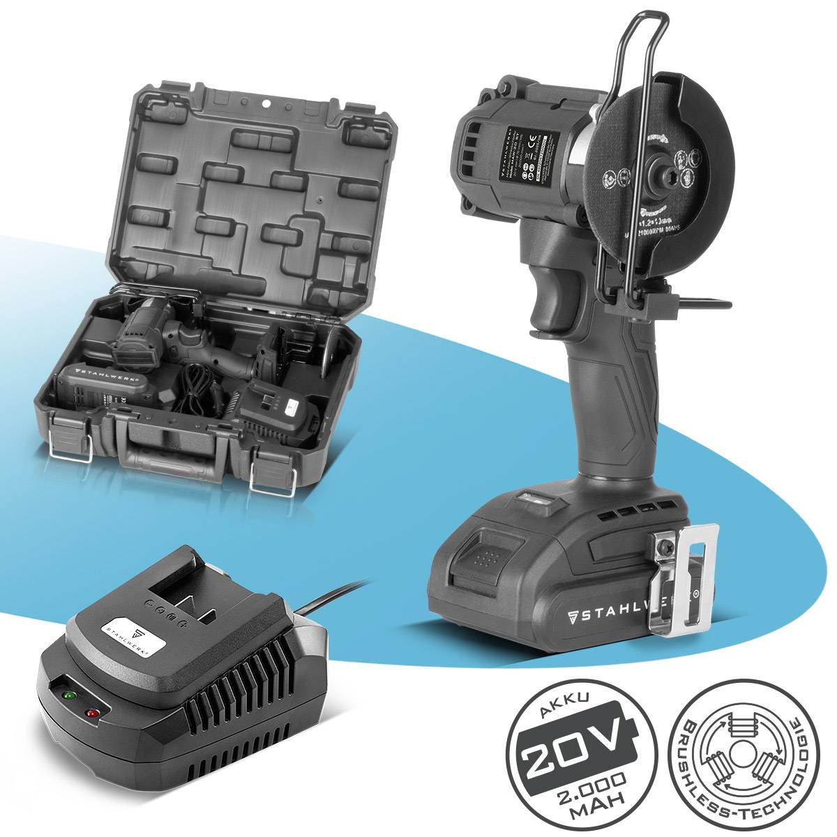 Kabelloses Bewehrungsverbindungswerkzeug mit Ladegerät und Transportkoffer. Zu den Funktionen gehören 20V-Akku, 2000 mAh Kapazität und bürstenlose Technologie.