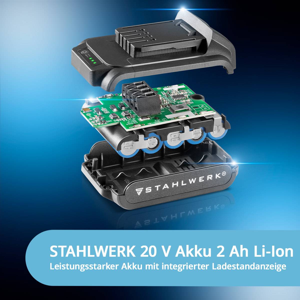 STAHWERK 20 V Akku 2 Ah Li-Ion' Akku mit integriertem Ladezustandsanzeiger, in einer Explosionszeichnung dargestellt, die die internen Komponenten hervorhebt.