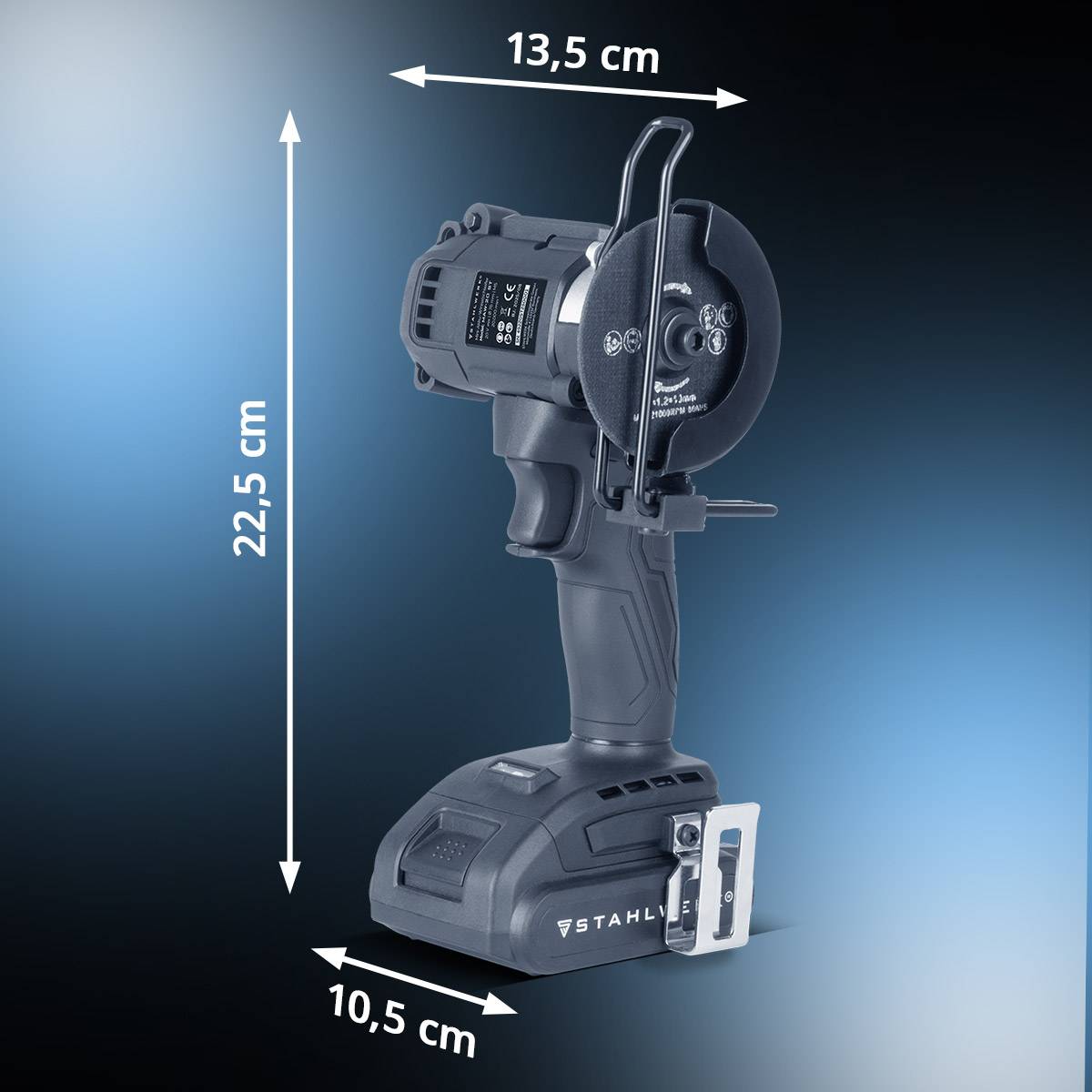 Ein digitales Gerät mit angegebenen Abmessungen: Höhe 22,5 cm, Breite 13,5 cm und Tiefe 10,5 cm, mit einem schlanken, handlichen Design.